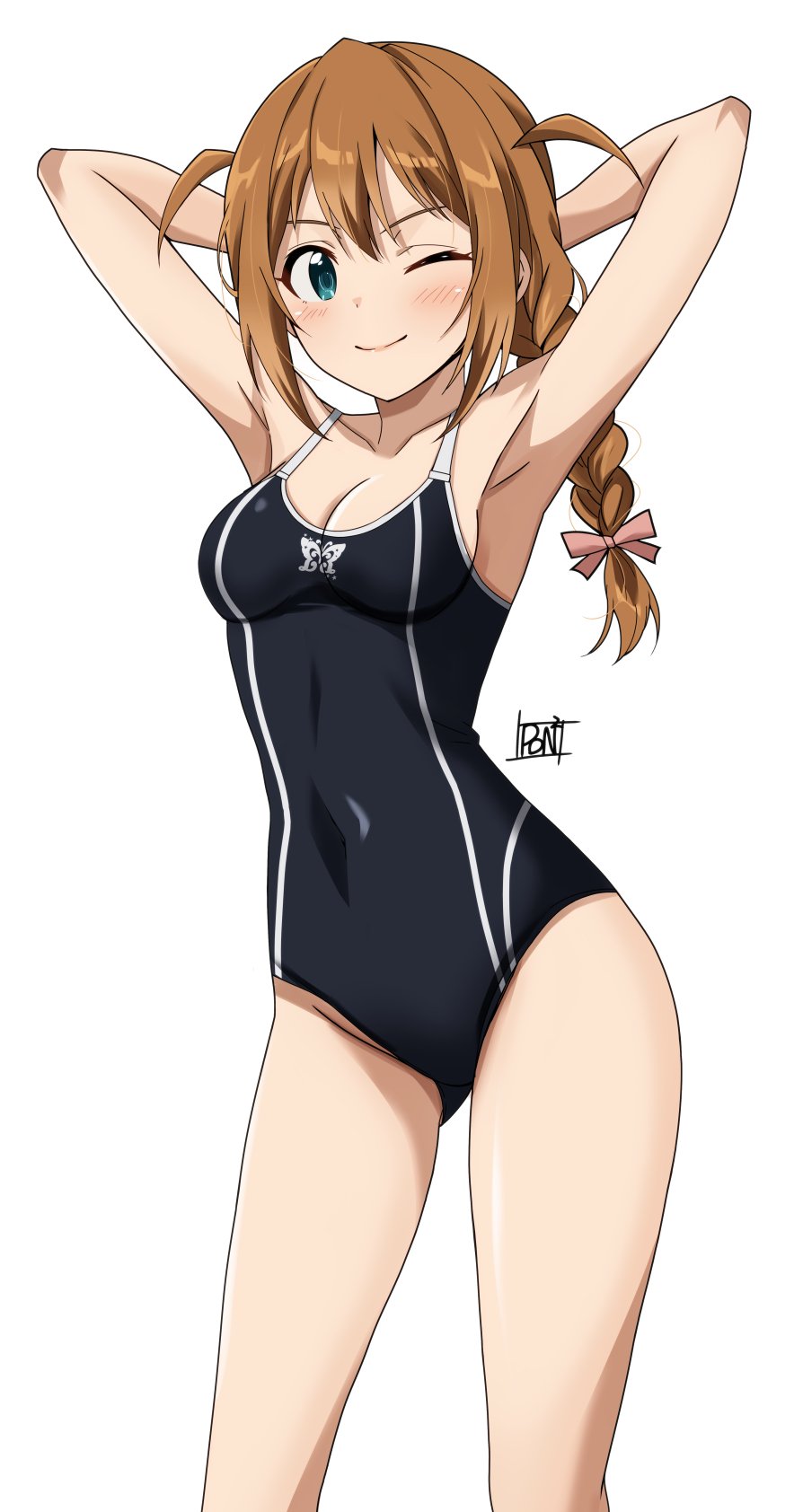 ponpon, baba konomi, idolmaster, idolmaster million live!, idolmaster million live! theater days, highres, 1girl, animal print, antenna hair, aqua eyes, armpits, arms behind head, black one-piece swimsuit, blush, braid, braided ponytail, breasts, brown hair, butterfly print, cleavage, closed mouth, collarbone, competition swimsuit, covered navel, cowboy shot, dot nose, eyelashes, hair ribbon, light smile, long hair, looking at viewer, official alternate costume, one-piece swimsuit, one eye closed, pink ribbon, ribbon, sidelocks, signature, simple background, single braid, small breasts, solo, standing, swimsuit, v-shaped eyebrows, wave makers! (idolmaster), white background