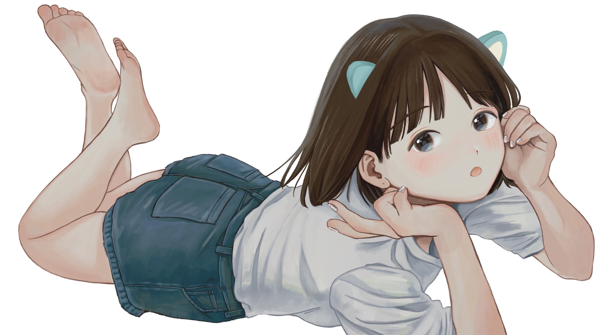 nena labo, original, highres, 1girl, :o, animal ears, aqua eyes, barefoot, brown hair, choppy bangs, denim, denim shorts, feet, fingernails, full body, hands up, legs up, looking at viewer, lying, medium hair, nail polish, on stomach, open mouth, shirt, short sleeves, shorts, simple background, solo, t-shirt, white background, white nails, white shirt