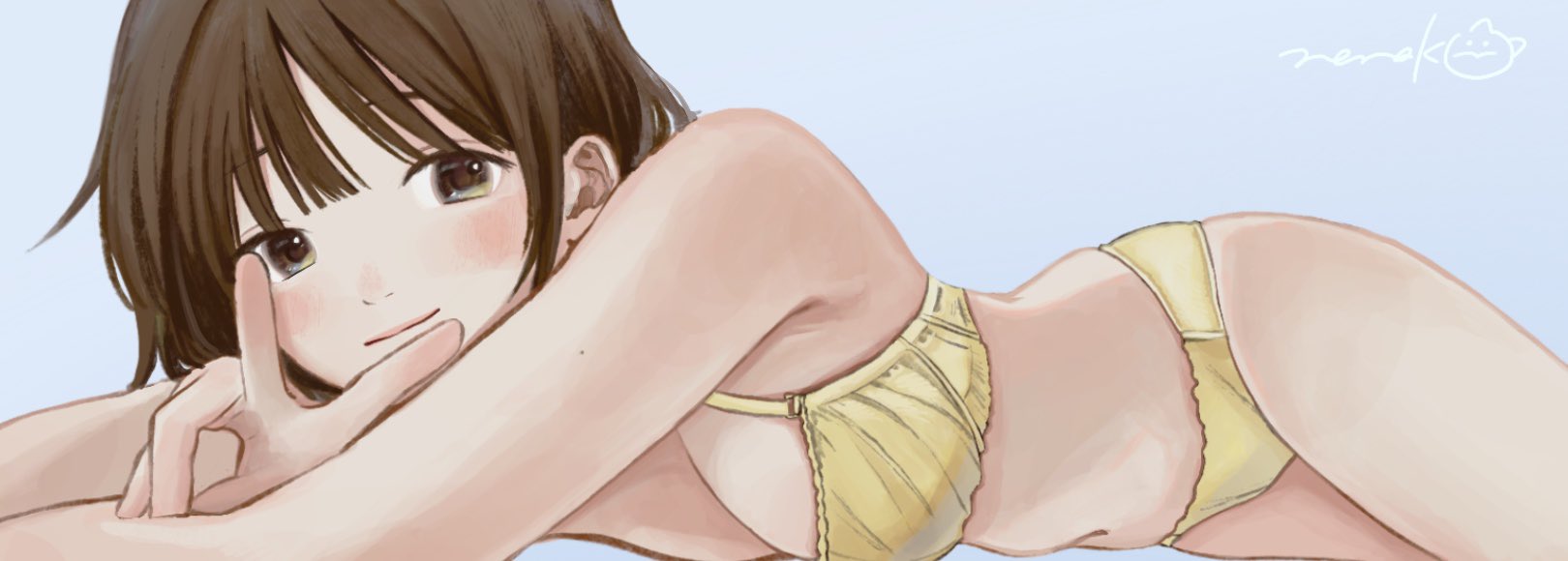 nena labo, original, commentary, highres, symbol-only commentary, 1girl, black eyes, blue background, blush, bra, breasts, brown hair, choppy bangs, cleavage, closed mouth, cowboy shot, large breasts, looking at viewer, lying, on stomach, panties, signature, simple background, solo, underwear, underwear only, v, v over mouth, yellow bra, yellow panties