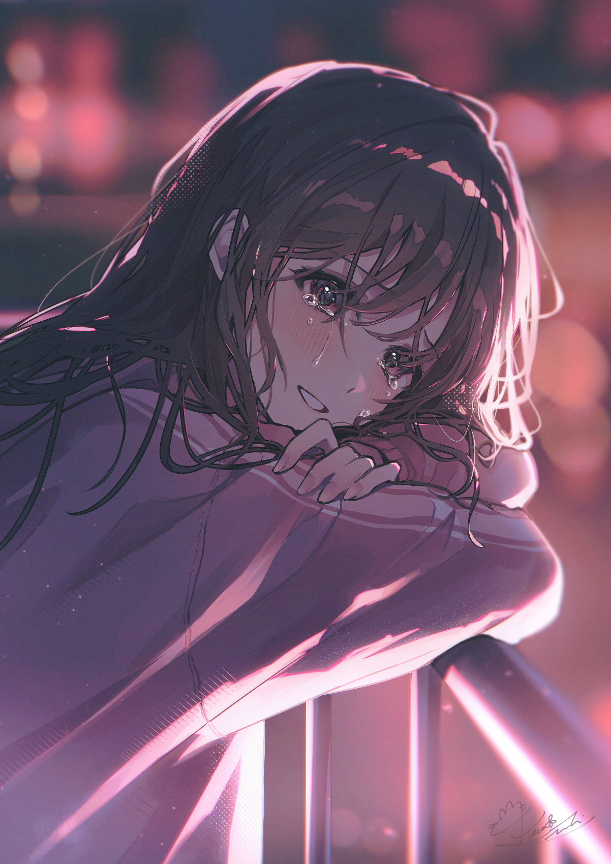 necojishi, original, commentary request, highres, 1girl, against railing, blurry, blurry background, blush, bokeh, brown eyes, brown hair, crying, crying with eyes open, depth of field, fingernails, from side, hood, hoodie, jacket, leaning forward, light particles, looking at viewer, messy hair, pink hoodie, pink jacket, railing, signature, smile, solo, tears, upper body