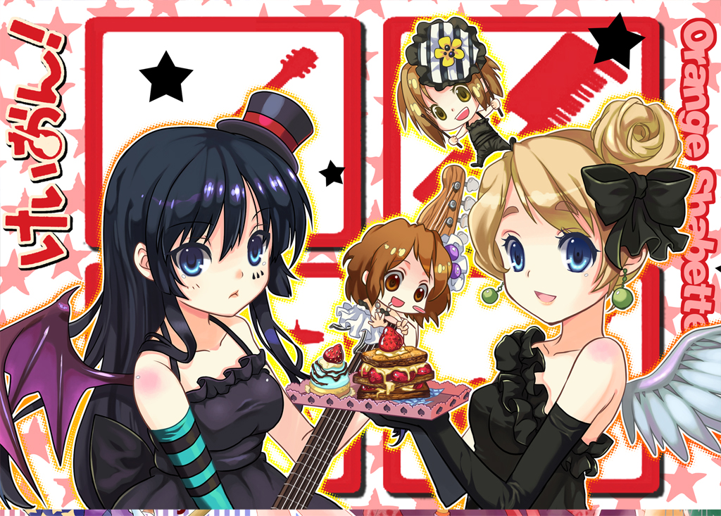 mintchoco (orange shabette), akiyama mio, hirasawa yui, kotobuki tsumugi, tainaka ritsu, don't say "lazy", k-on!, eyebrows, striped, 00s, 4girls, bat wings, black hair, blonde hair, blue eyes, brown eyes, brown hair, chibi, dress, elbow gloves, food, gloves, guitar, hat, ho-kago tea time, instrument, long hair, mini hat, mini top hat, multiple girls, short hair, top hat, wings