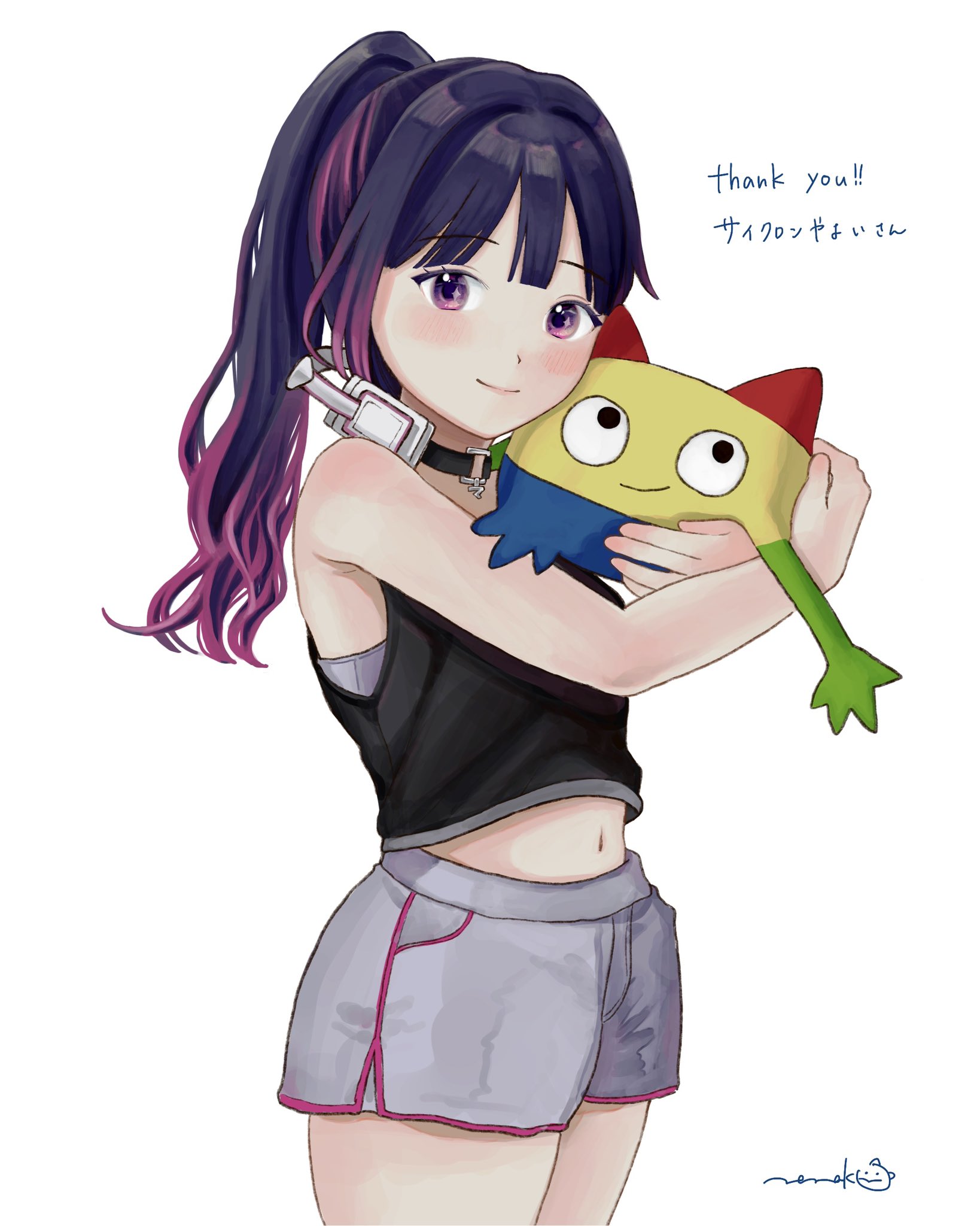 nena labo, original, commentary request, commission, highres, skeb commission, 1girl, black collar, black shirt, bra, bra peek, center-flap bangs, closed mouth, collar, cowboy shot, double-parted bangs, from side, grey bra, grey shorts, headphones, headphones around neck, holding, holding stuffed toy, long hair, looking at viewer, looking to the side, midriff, navel, ponytail, purple eyes, purple hair, shirt, short shorts, shorts, signature, simple background, sleeveless, sleeveless shirt, solo, standing, stuffed animal, stuffed toy, thank you, underwear, wavy hair, white background