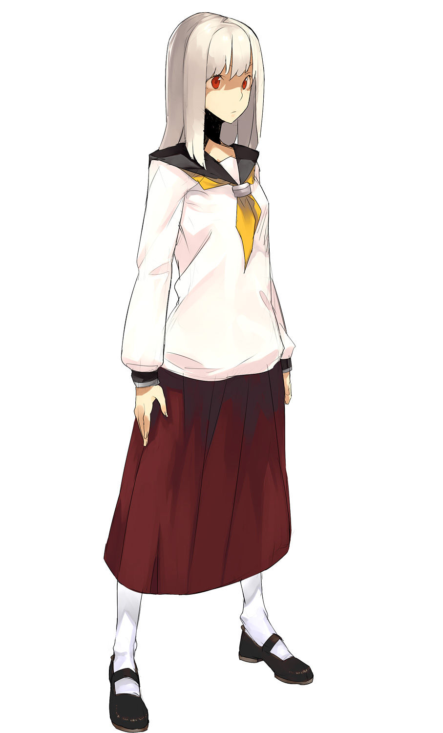 hama (22ji kara 24ji), original, silver hair, highres, blonde hair, long hair, long skirt, red eyes, school uniform, serafuku, skirt, socks, solo, white socks