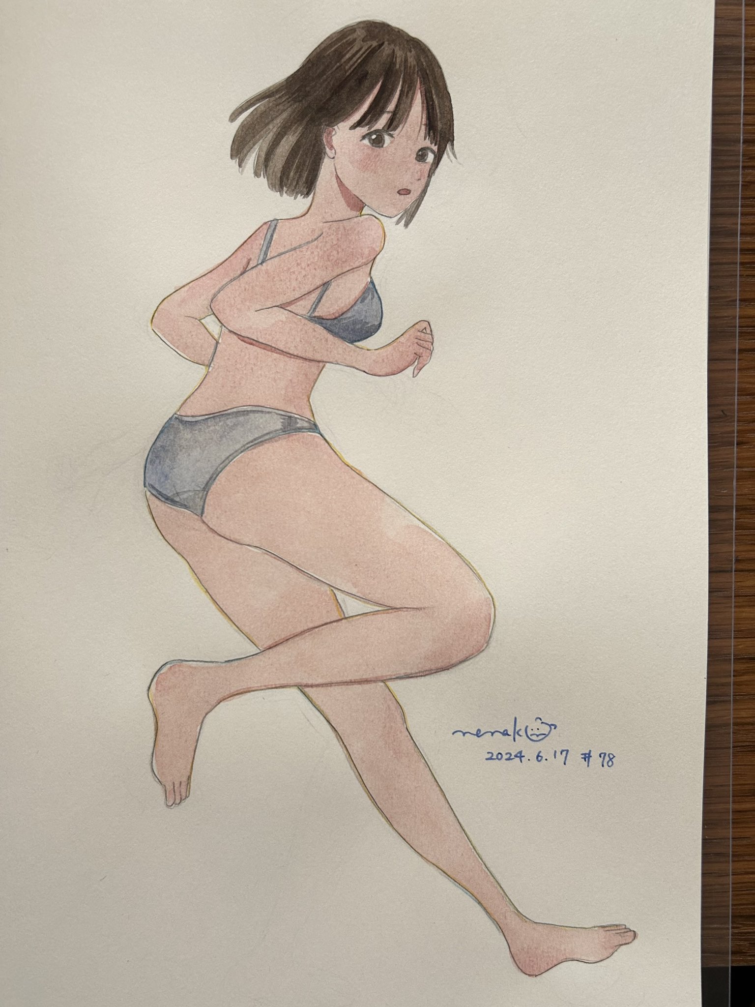 nena labo, original, highres, photo (medium), traditional media, 1girl, ass, bob cut, bra, brown hair, choppy bangs, dated, full body, grey bra, grey panties, leg up, looking at viewer, looking back, open mouth, panties, running, short hair, signature, simple background, solo, underwear, underwear only