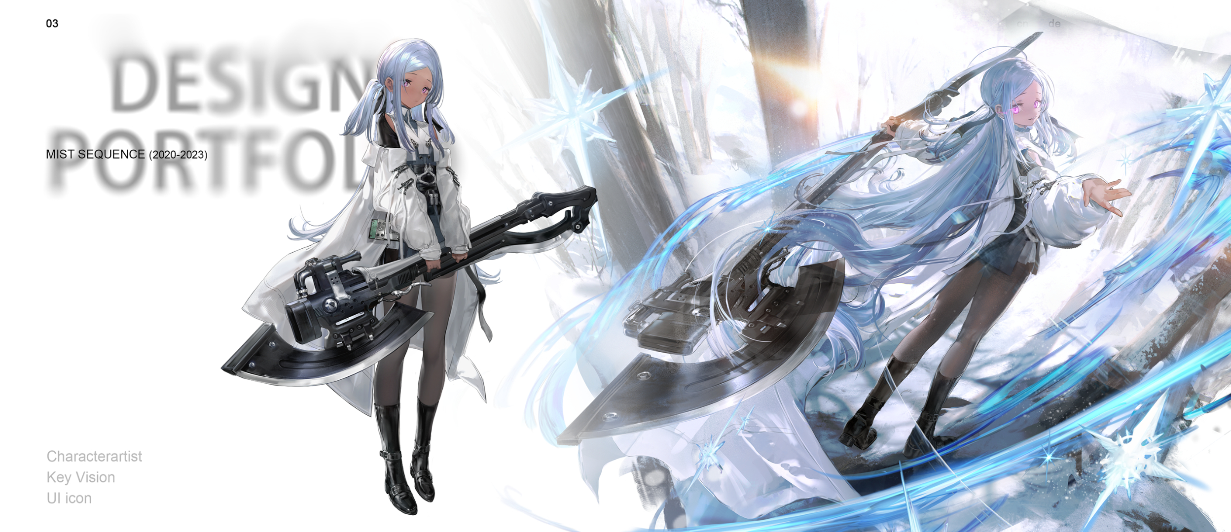 mist sequence, highres, 1girl, axe, battle axe, black boots, black skirt, blue hair, boots, copyright name, holding, holding axe, huge weapon, jacket, long hair, pantyhose, purple eyes, sidelocks, skirt, solo, weapon, white jacket, yi yuansu san gong