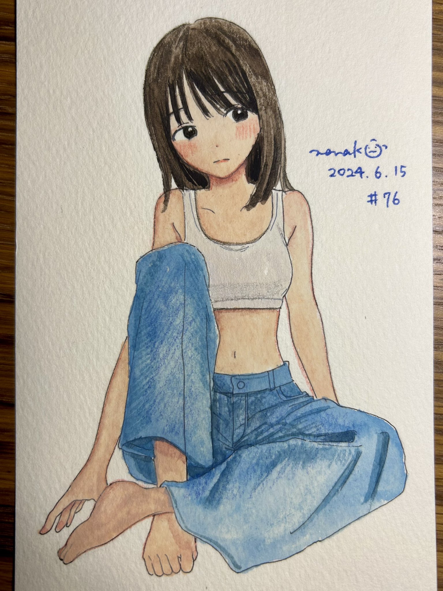 nena labo, original, commentary, highres, photo (medium), symbol-only commentary, traditional media, 1girl, arms at sides, averting eyes, barefoot, black eyes, black hair, blue pants, choppy bangs, closed mouth, dated, denim, full body, jeans, knee up, long hair, midriff, navel, no shirt, pants, signature, simple background, sitting, solo, sports bra, white sports bra