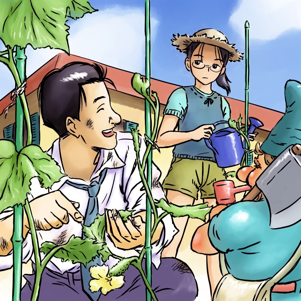 peajon, claes, taichi hiraga keaton, gunslinger girl, master keaton, 00s, blouse, blue shirt, crossover, day, glasses, hat, long hair, outdoors, plant, shirt