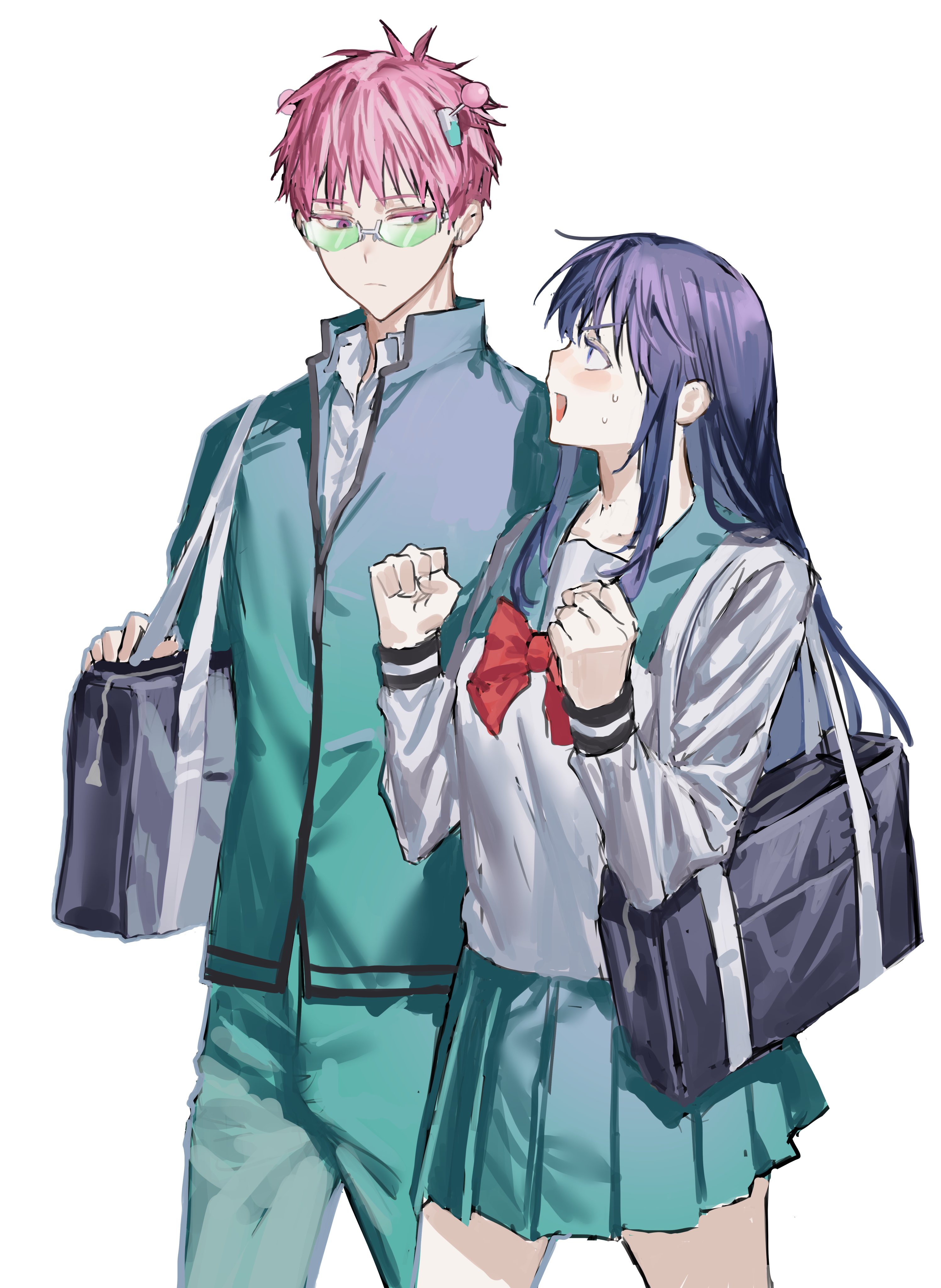 chamuring, saiki kusuo, teruhashi kokomi, saiki kusuo no psi nan, absurdres, commentary request, highres, korean commentary, 1boy, 1girl, bag, bow, clenched hands, cowboy shot, green-tinted eyewear, green skirt, long hair, long sleeves, looking at another, pink hair, pleated skirt, red bow, school bag, school uniform, shirt, simple background, skirt, tinted eyewear, walking, white background, white shirt