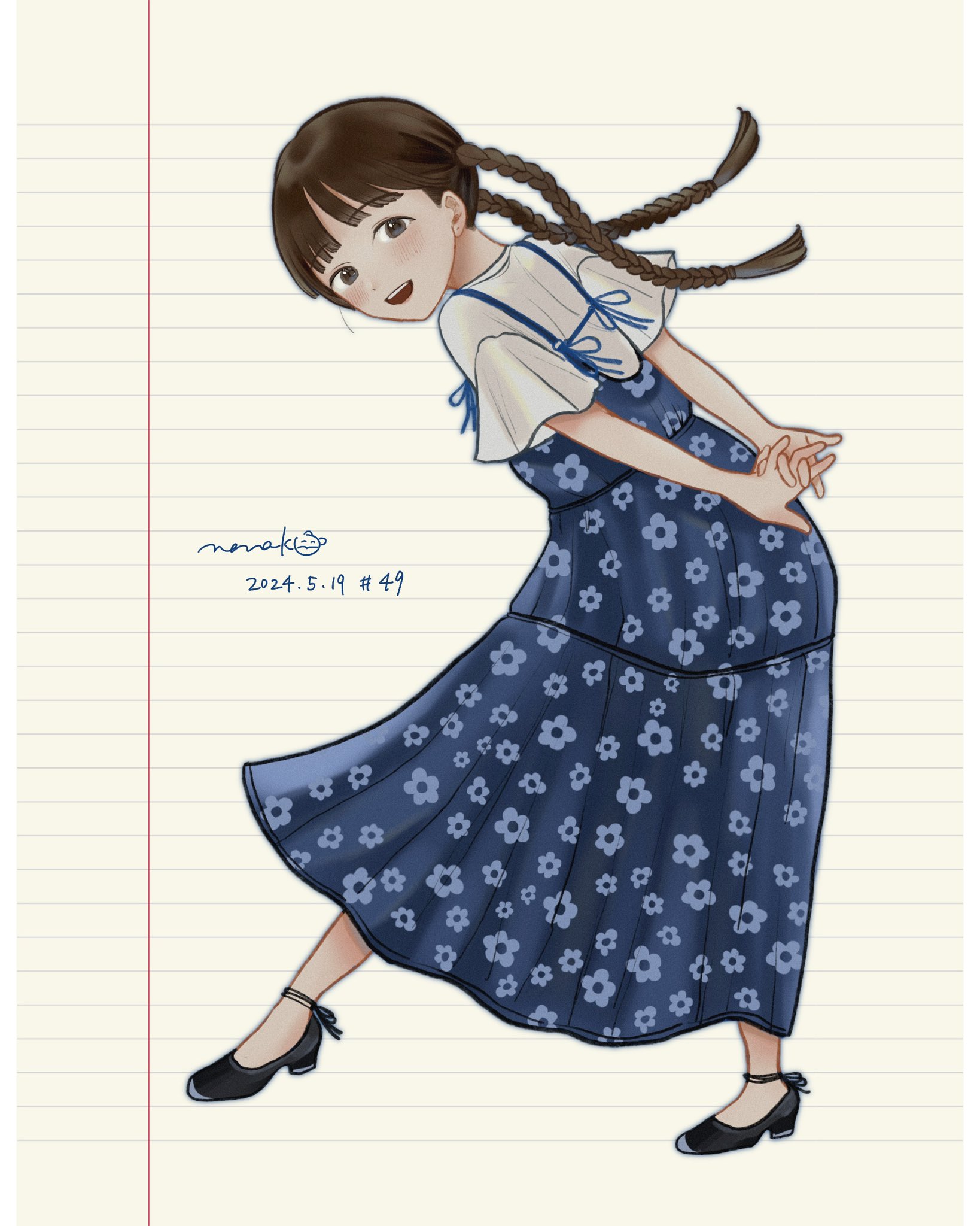 nena labo, original, commentary, english commentary, highres, 1girl, black shoes, block heels, blue dress, braid, braided twintails, brown eyes, brown hair, dated, dress, faux traditional media, floral print, floral print dress, from side, full body, grey eyes, leaning forward, long dress, long hair, looking at viewer, looking to the side, open mouth, print dress, shirt, shoes, short sleeves, signature, sleeveless, sleeveless dress, smile, solo, standing, white shirt
