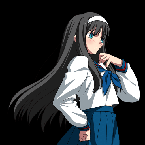 takeuchi takashi, tohno akiha, french-bread, melty blood, tsukihime, type-moon, blue neckwear, official art, 00s, 1girl, :<, aqua eyes, bandana, black background, black hair, blue sailor collar, blue skirt, blush, female focus, from side, green eyes, hand on own hip, long hair, long sleeves, sailor collar, school uniform, serafuku, simple background, skirt, solo, upper body, white bandana