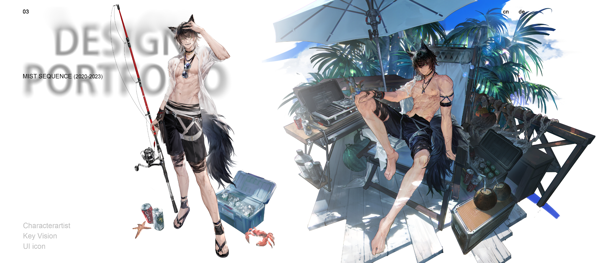 coca-cola, mist sequence, character request, highres, 1boy, abs, beach umbrella, black shorts, coconut, cooler, copyright name, fishing rod, grill, male focus, open clothes, open shirt, palm tree, pectorals, see-through clothes, see-through shirt, shirt, shorts, solo, toned, toned male, tree, umbrella, yi yuansu san gong