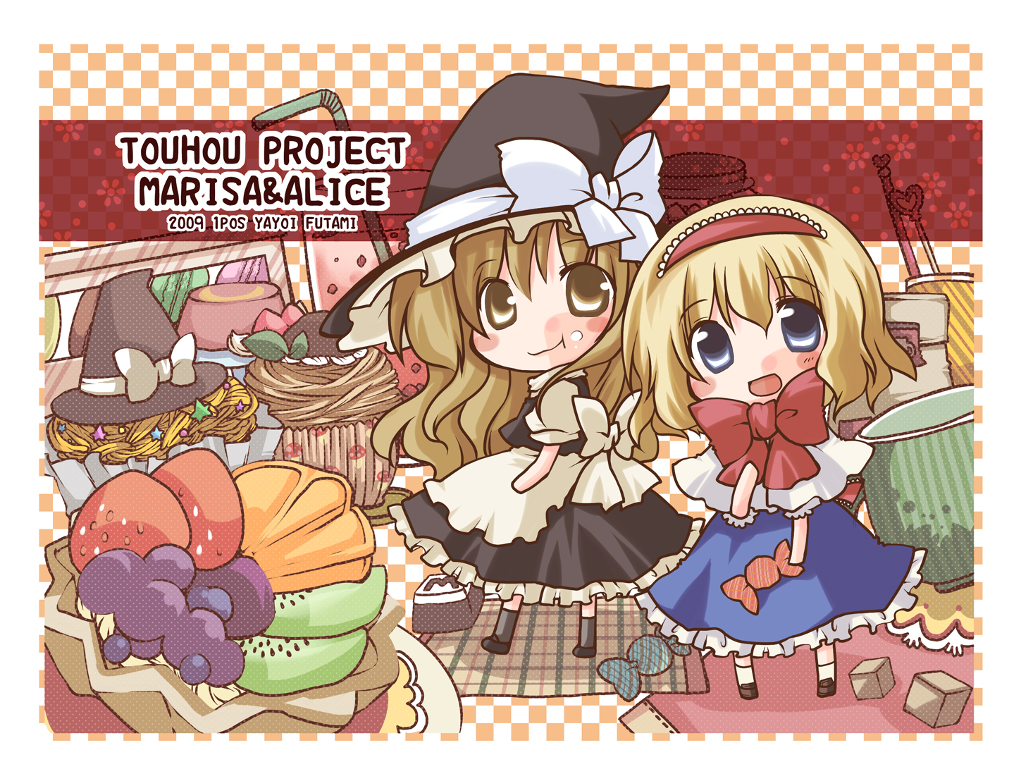 futami yayoi, alice margatroid, kirisame marisa, touhou, 2girls, blonde hair, blue eyes, candy, cupcake, female focus, food, fruit, hat, mont blanc (food), multiple girls, pastry, tart (food), yellow eyes
