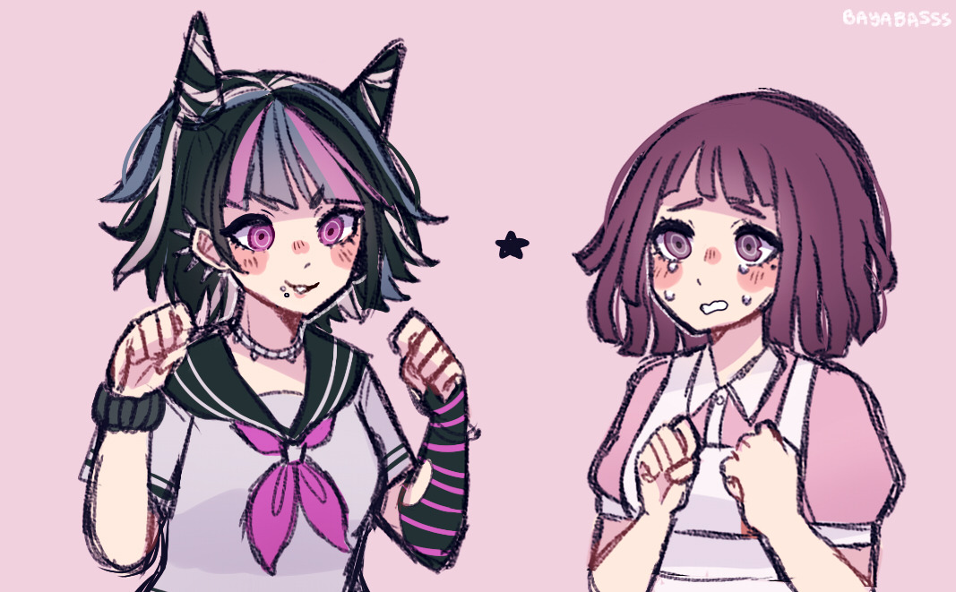 mioda ibuki, tsumiki mikan, danganronpa (series), danganronpa 2: goodbye despair, commentary, english commentary, 2girls, alternate hair length, alternate hairstyle, apron, artist name, bayabasss, black hair, black sailor collar, blue hair, blue streaks, blush, blush stickers, collared shirt, crying, crying with eyes open, ear piercing, elbow gloves, eyelashes, face piercing, fingerless gloves, gloves, hair horns, jewelry, mouth piercing, multicolored hair, multiple girls, neckerchief, necklace, piercing, pink background, pink eyes, pink hair, pink neckerchief, pink shirt, pink streaks, purple eyes, purple hair, sailor collar, scrunchie, shirt, short hair, short sleeves, simple background, single elbow glove, single fingerless glove, smile, star (symbol), streaked hair, striped clothes, striped gloves, tears, upper body, white apron, white hair, white shirt, wrist scrunchie