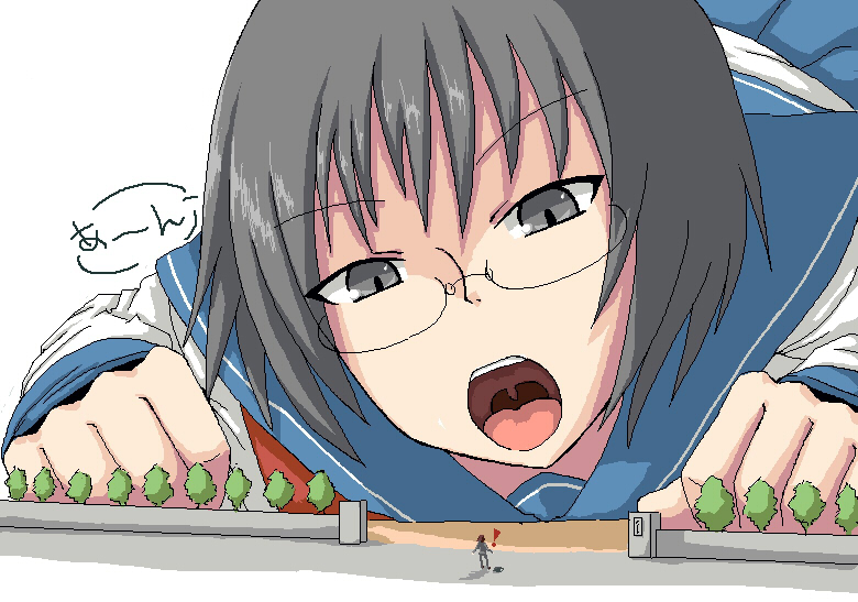 terada ochiko, !, 1girl, black eyes, black hair, female focus, giant, giantess, glasses, oekaki, open mouth, school uniform, serafuku, short hair, simple background, solo, tree, uvula, vore, white background, you gonna get raped
