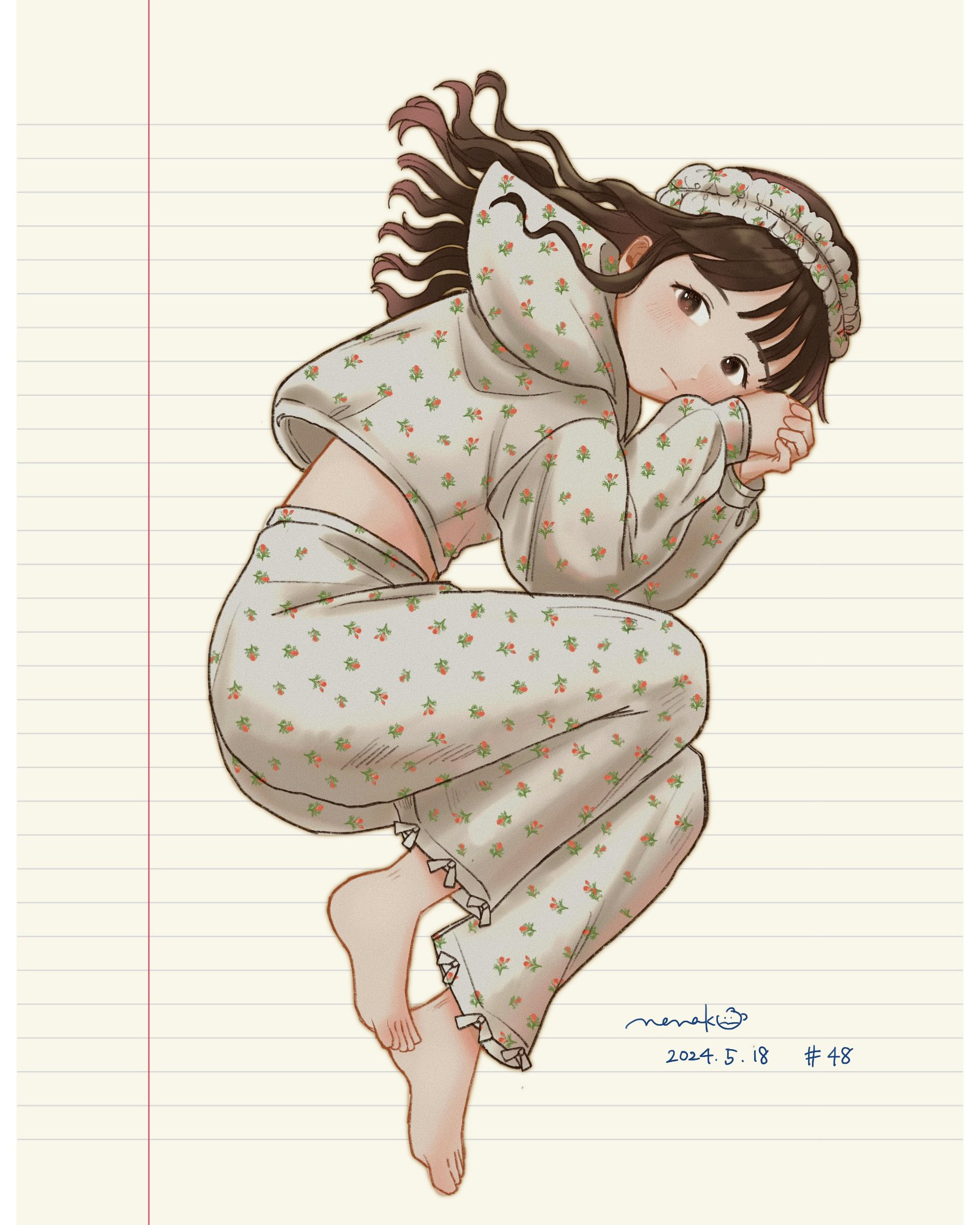 nena labo, original, commentary, english commentary, highres, 1girl, barefoot, brown eyes, brown hair, choppy bangs, closed mouth, dated, expressionless, faux traditional media, fetal position, floating hair, floral print pants, floral print shirt, full body, grey hairband, grey pajamas, grey pants, grey shirt, hairband, hands up, hood, hood down, hooded shirt, long hair, long sleeves, looking at viewer, lying, on stomach, pajamas, pants, shirt, signature, solo, turning head