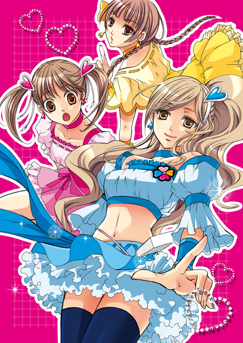 hibiki reine, sinko (sinsin), cure berry, cure peach, cure pine, fukuzawa yumi, hasekura rei, shimazu yoshino, toudou shimako, fresh precure!, maria-sama ga miteru, precure, 3girls, blue skirt, braid, brown eyes, brown hair, choker, cosplay, cure berry (cosplay), cure peach (cosplay), cure pine (cosplay), elbow gloves, gloves, hair ornament, hairband, heart, heart hair ornament, jewelry, long hair, magical girl, midriff, multiple girls, parody, skirt, smile, thighhighs, twintails