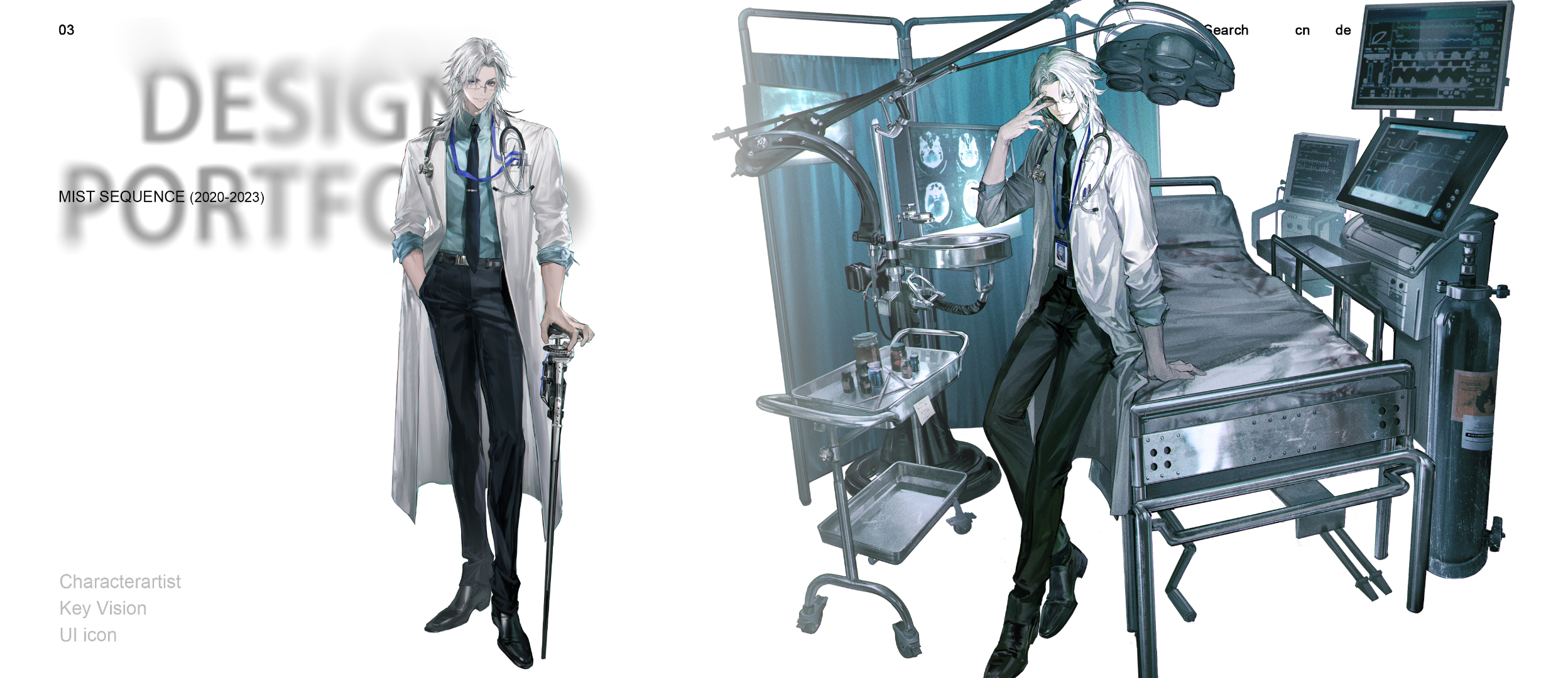 mist sequence, character request, highres, 1boy, bed, black necktie, black pants, black shoes, blue shirt, cane, doctor, dress shoes, glasses, lab coat, lanyard, male focus, necktie, operating table, pants, shirt, shoes, sleeves rolled up, solo, table, white hair, x-ray machine, yi yuansu san gong