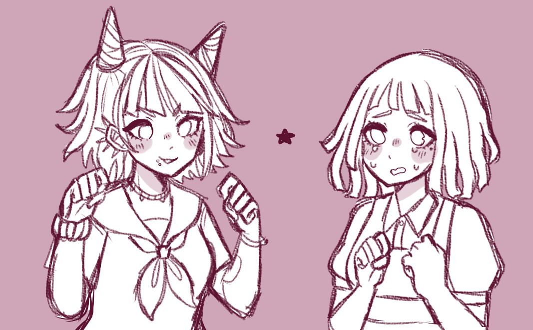 mioda ibuki, tsumiki mikan, danganronpa (series), danganronpa 2: goodbye despair, commentary, english commentary, 2girls, alternate hair length, alternate hairstyle, apron, artist name, bayabasss, blush, blush stickers, collared shirt, crying, crying with eyes open, ear piercing, eyelashes, face piercing, hair horns, jewelry, monochrome, mouth piercing, multicolored hair, multiple girls, neckerchief, necklace, piercing, pink background, sailor collar, scrunchie, shirt, short hair, short sleeves, simple background, smile, star (symbol), streaked hair, tears, upper body, wrist scrunchie