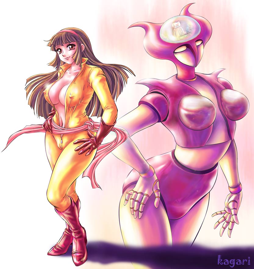 aphrodai a, aphrodite a, yumi sayaka, mazinger (series), mazinger z, toei company, red footwear, artist request, tagme, 1girl, artist name, bodysuit, boots, breasts, brown eyes, brown hair, cameltoe, elbow gloves, female focus, gloves, gradient background, hairband, hand on own hip, hands on own hips, knee boots, large breasts, long hair, mecha, no bra, red gloves, robot, simple background, standing, unzipped, zipper