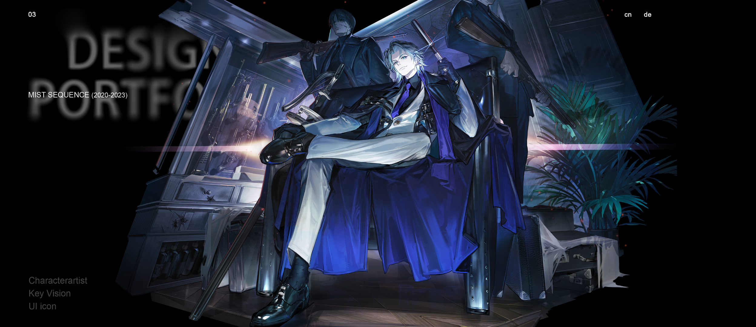 mist sequence, character request, highres, 3boys, black hair, black suit, black vest, blue necktie, fern, formal clothes, gun, gun rack, handgun, holding, holding gun, holding weapon, looking at viewer, multiple boys, necktie, rifle, sitting, solo focus, suit, vest, weapon, white hair, white suit, yi yuansu san gong