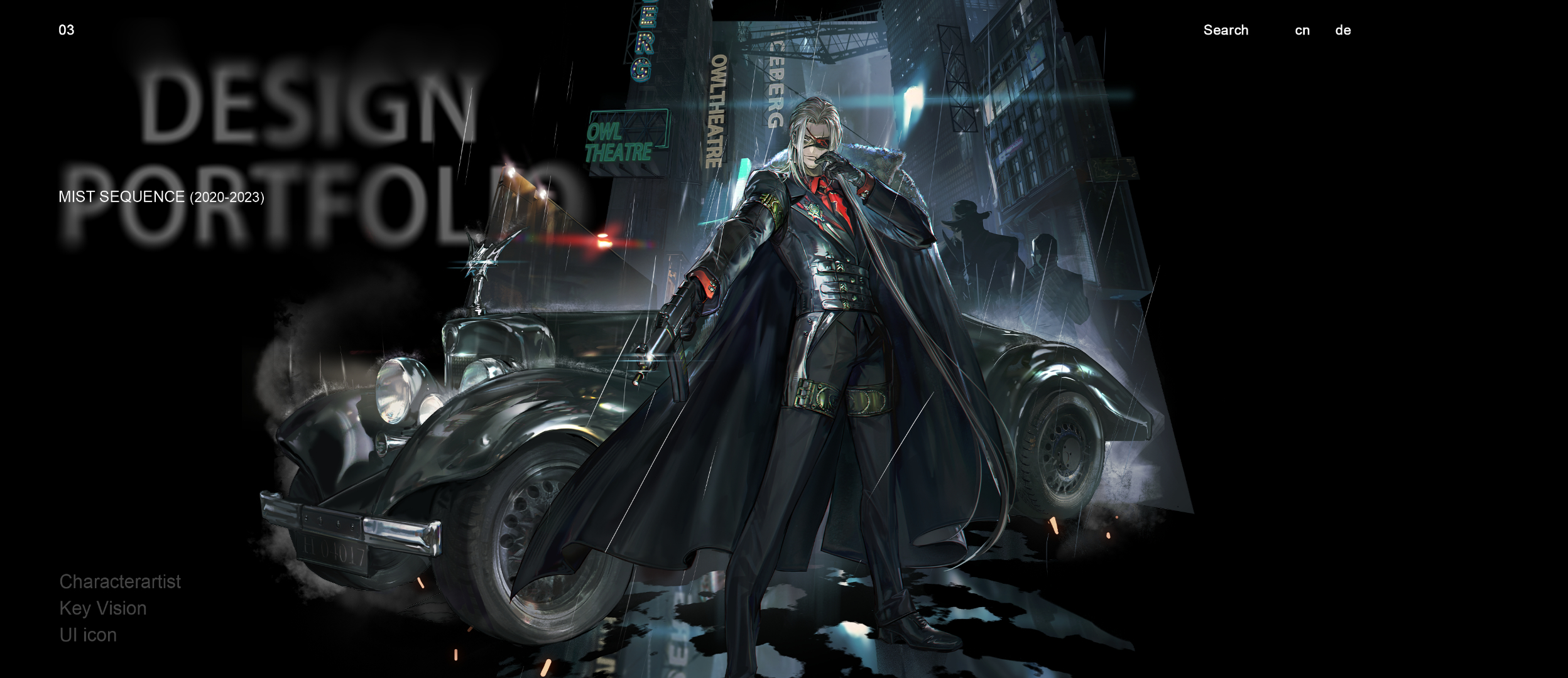 mist sequence, character request, highres, 1boy, 2others, black pants, car, city, coat, coat on shoulders, eyepatch, fur-trimmed coat, fur trim, gun, holding, holding gun, holding weapon, motor vehicle, multiple others, pants, rain, weapon, white hair, yi yuansu san gong