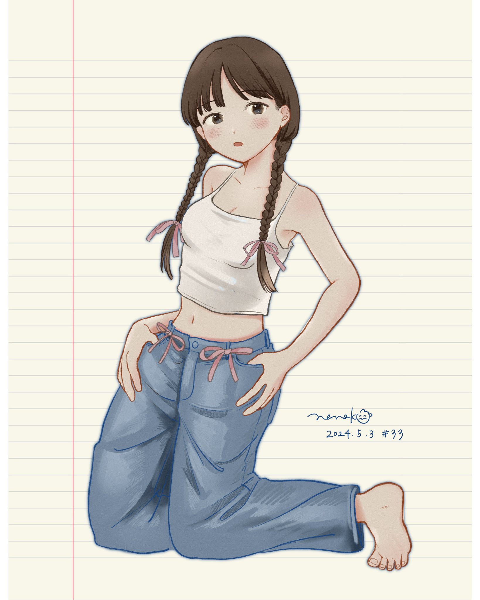 nena labo, original, commentary request, highres, 1girl, barefoot, black eyes, blue pants, braid, braided twintails, breasts, brown hair, camisole, choppy bangs, cleavage, crop top, dated, denim, faux traditional media, full body, hair over shoulder, hair ribbon, hands on own hips, jeans, kneeling, long hair, looking at viewer, medium breasts, midriff, navel, pants, parted lips, pink ribbon, ribbon, signature, solo, spaghetti strap, white background, white camisole