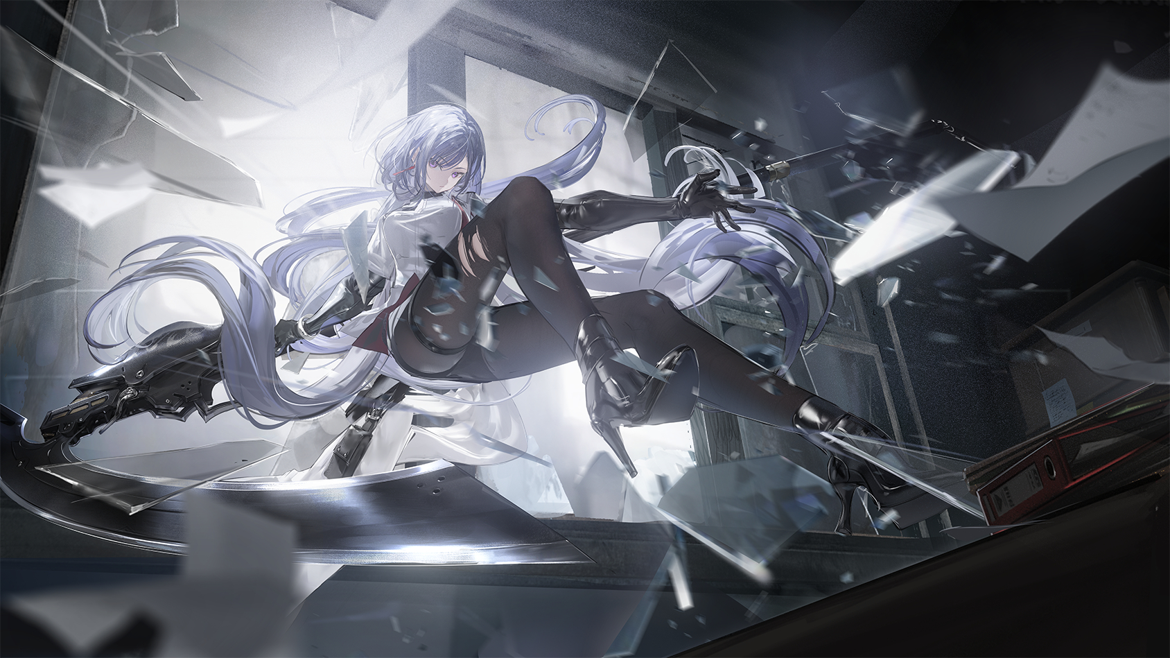 mist sequence, character request, highres, 1girl, black pantyhose, black shoes, blue hair, broken glass, foreshortening, glass, high heels, holding, holding scythe, pantyhose, purple eyes, scythe, shoes, solo, torn clothes, torn pantyhose, yi yuansu san gong