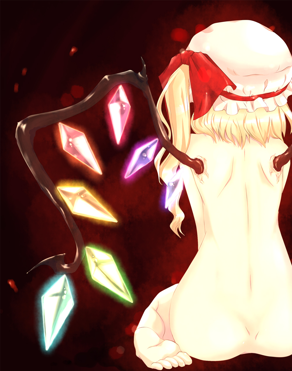 ayase non, flandre scarlet, embodiment of scarlet devil, touhou, bad id, bad pixiv id, highres, 1girl, ass, back, barefoot, blonde hair, crystal, feet, female focus, from behind, hat, kneeling, nude, one side up, side ponytail, sitting, soles, solo, wariza, wings