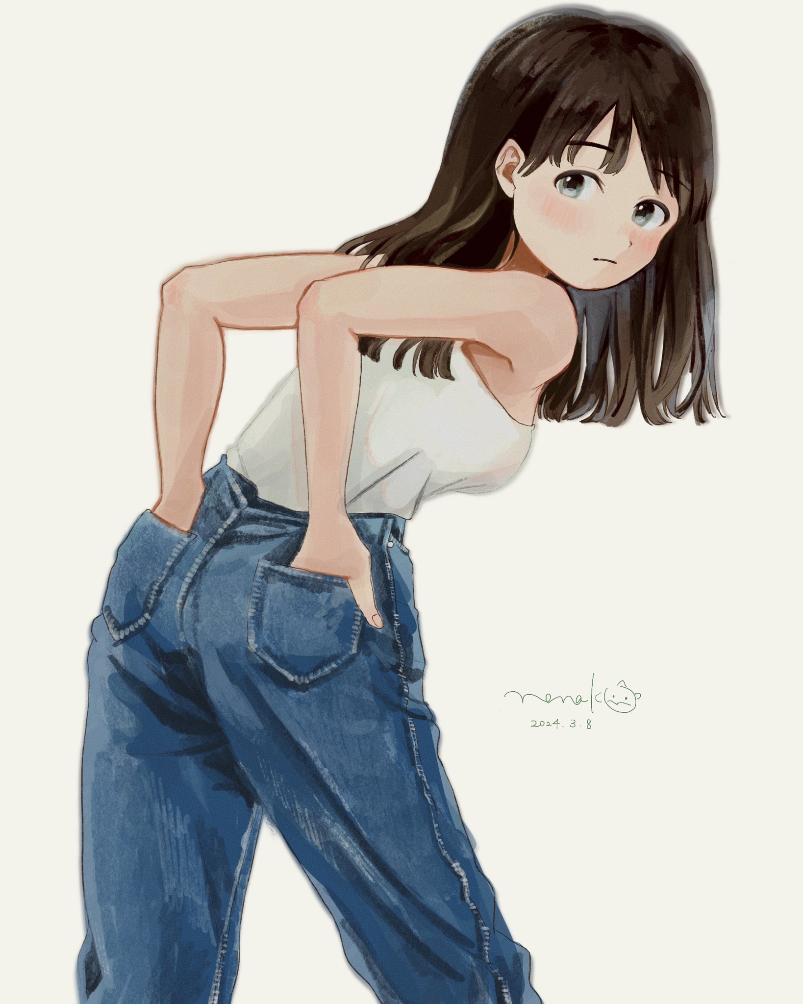 nena labo, original, commentary request, highres, 1girl, ass, blue pants, brown hair, choppy bangs, closed mouth, cowboy shot, dated, denim, expressionless, hands in pockets, jeans, leaning forward, long hair, looking at viewer, looking back, pants, shirt, signature, simple background, sleeveless, sleeveless shirt, solo, standing, straight hair, white background, white shirt