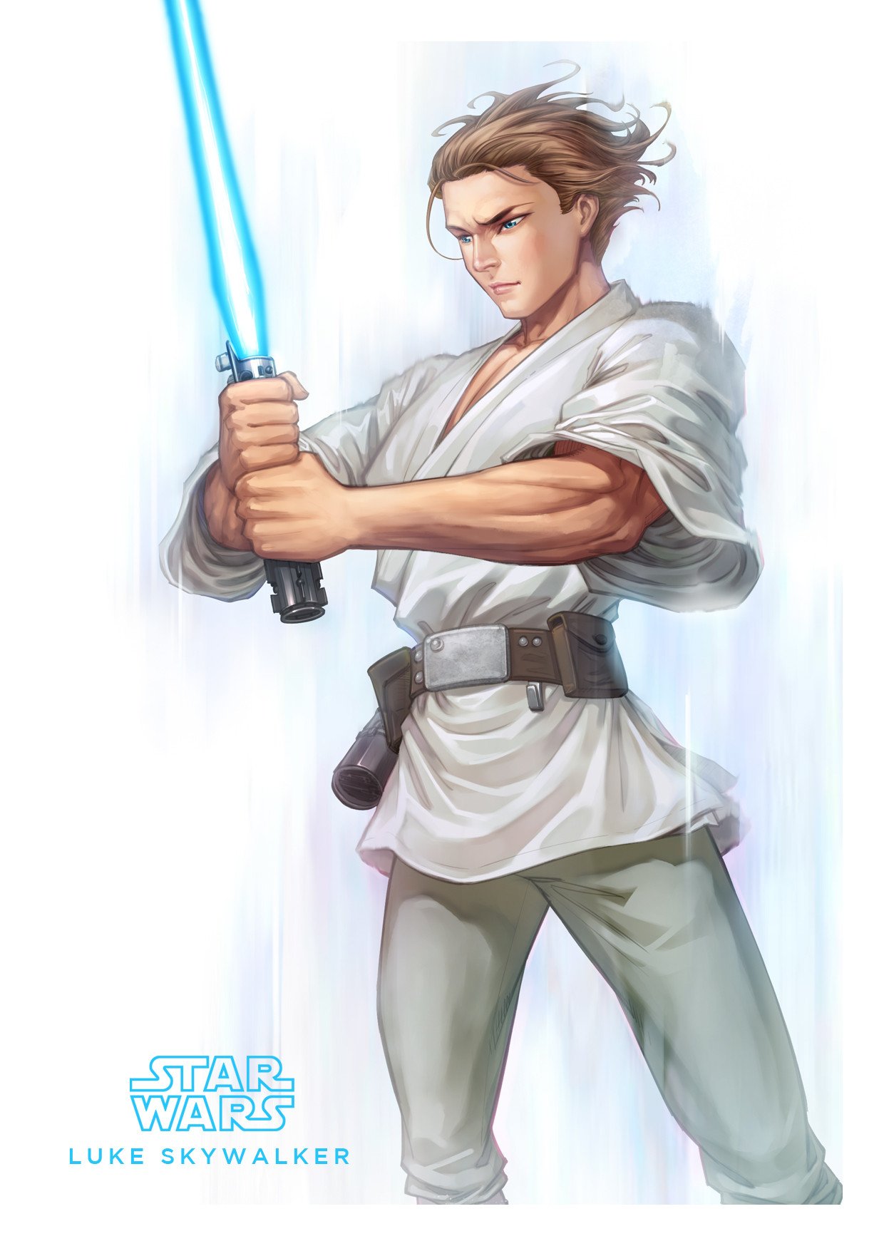 luke skywalker, star wars, star wars: a new hope, highres, 1boy, blonde hair, blue eyes, blue lightsaber, character name, copyright name, energy sword, english text, grey pants, hanyau, holding, holding sword, holding weapon, lightsaber, pants, short hair, solo, sword, tunic, weapon, white tunic