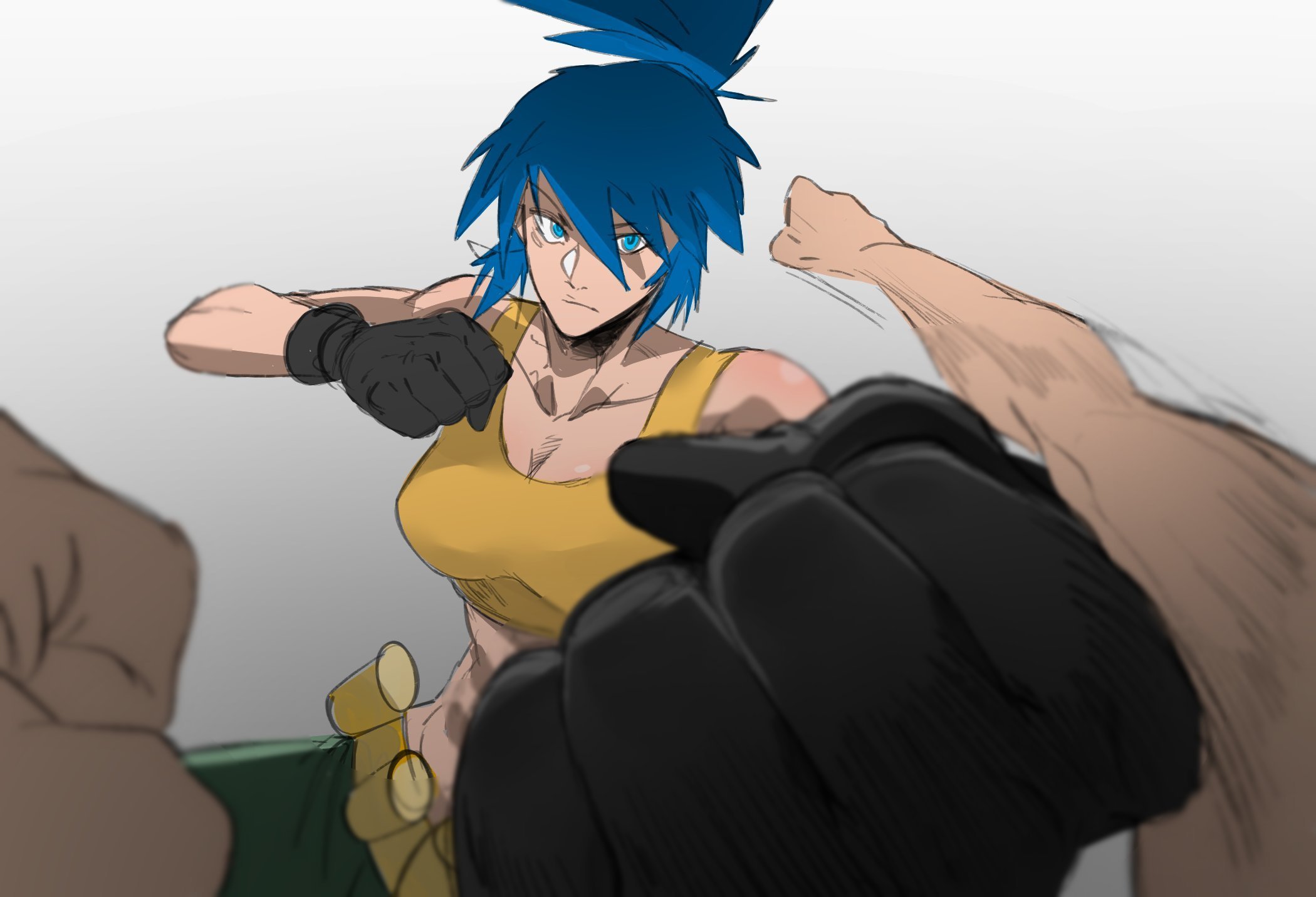 leona heidern, the king of fighters, 1girl, blue eyes, blue hair, breasts, female focus, gloves, kosukekurokami, large breasts, long hair, mavrost, pale skin, ponytail, shirt, tank top