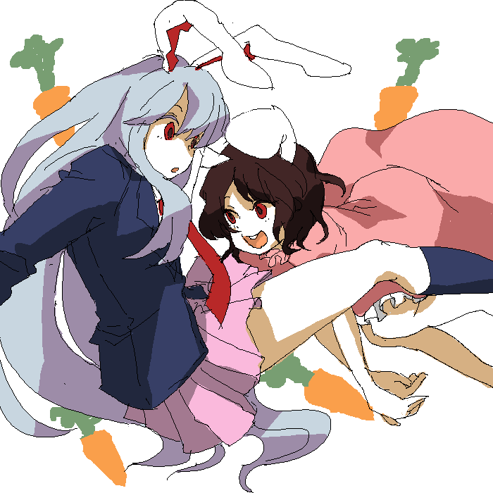 yuzuhara moke, inaba tewi, reisen udongein inaba, touhou, light purple hair, bad id, bad pixiv id, 2girls, animal ears, blazer, carrot, dress, female focus, jacket, long hair, multiple girls, oekaki, rabbit ears, red eyes, simple background, skirt, very long hair, white background