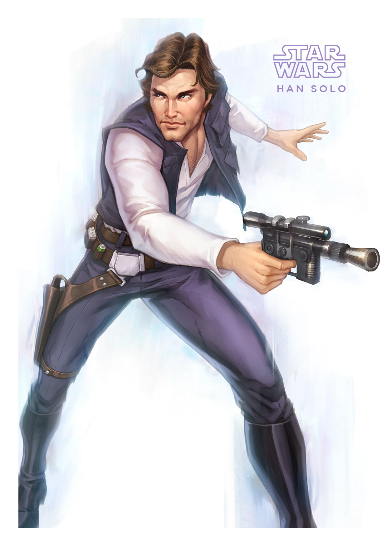 han solo, star wars, highres, 1boy, black boots, black pants, black vest, boots, brown eyes, brown hair, character name, copyright name, english text, gun, hanyau, holding, holding gun, holding weapon, holster, looking to the side, male focus, open clothes, open vest, pants, shirt, short hair, solo, vest, weapon, white shirt