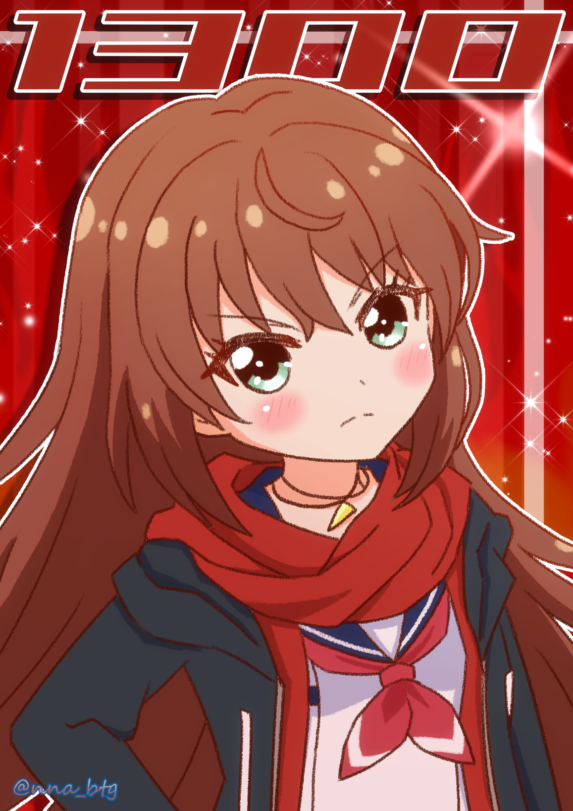 nna btg, misaki (battle girl high school), battle girl high school, highres, 1girl, black jacket, brown hair, closed mouth, drawstring, frown, green eyes, hair between eyes, hood, hood down, jacket, jewelry, long hair, long sleeves, looking at viewer, neckerchief, necklace, red background, red neckerchief, sailor collar, school uniform, serafuku, shirt, solo, upper body, very long hair, white shirt