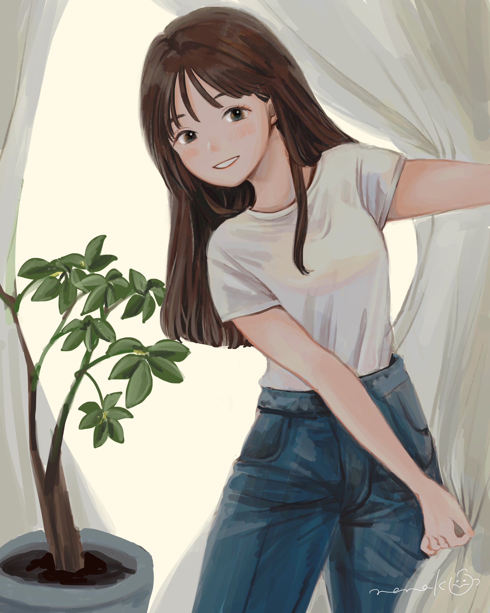 nena labo, original, highres, 1girl, blue pants, brown hair, choppy bangs, cowboy shot, curtains, denim, grey eyes, grin, jeans, long hair, looking at viewer, pants, plant, potted plant, shirt, shirt tucked in, short sleeves, signature, smile, solo, standing, straight hair, t-shirt, white background, white shirt