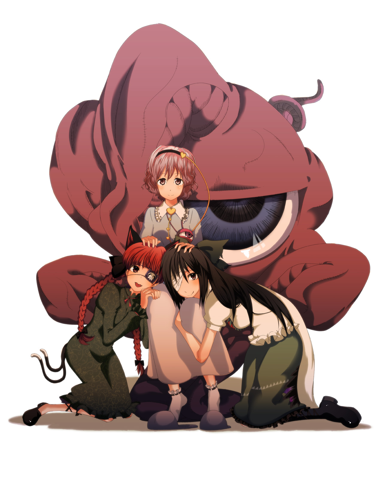 cream (nipakupa), kaenbyou rin, komeiji satori, reiuji utsuho, shuma gorath, marvel, touhou, bad id, bad pixiv id, highres, 3girls, animal ears, black hair, bow, braid, cat ears, cat girl, cat tail, crossover, eyepatch, female focus, hair ribbon, hairband, heart, heart-shaped pupils, long hair, multiple girls, multiple tails, pink eyes, pink hair, purple eyes, purple hair, red eyes, red hair, ribbon, short hair, symbol-shaped pupils, tail, twin braids, twintails, wings