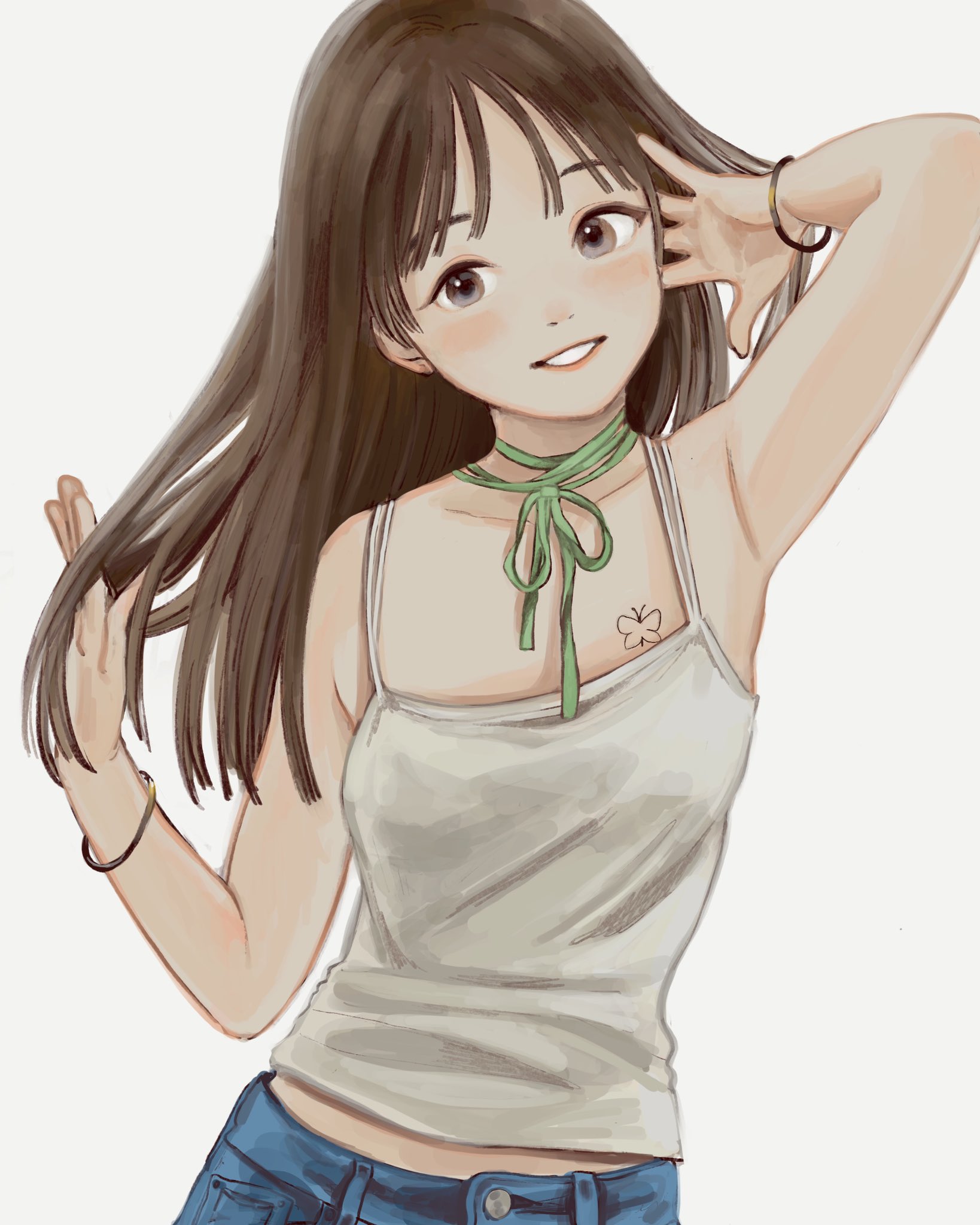 nena labo, original, highres, 1girl, brown hair, butterfly tattoo, camisole, chest tattoo, choppy bangs, denim, green ribbon, grey eyes, grin, hand in own hair, hands up, long hair, looking at viewer, neck ribbon, ribbon, simple background, smile, solo, spaghetti strap, straight hair, tattoo, upper body, white background, white camisole, wristband