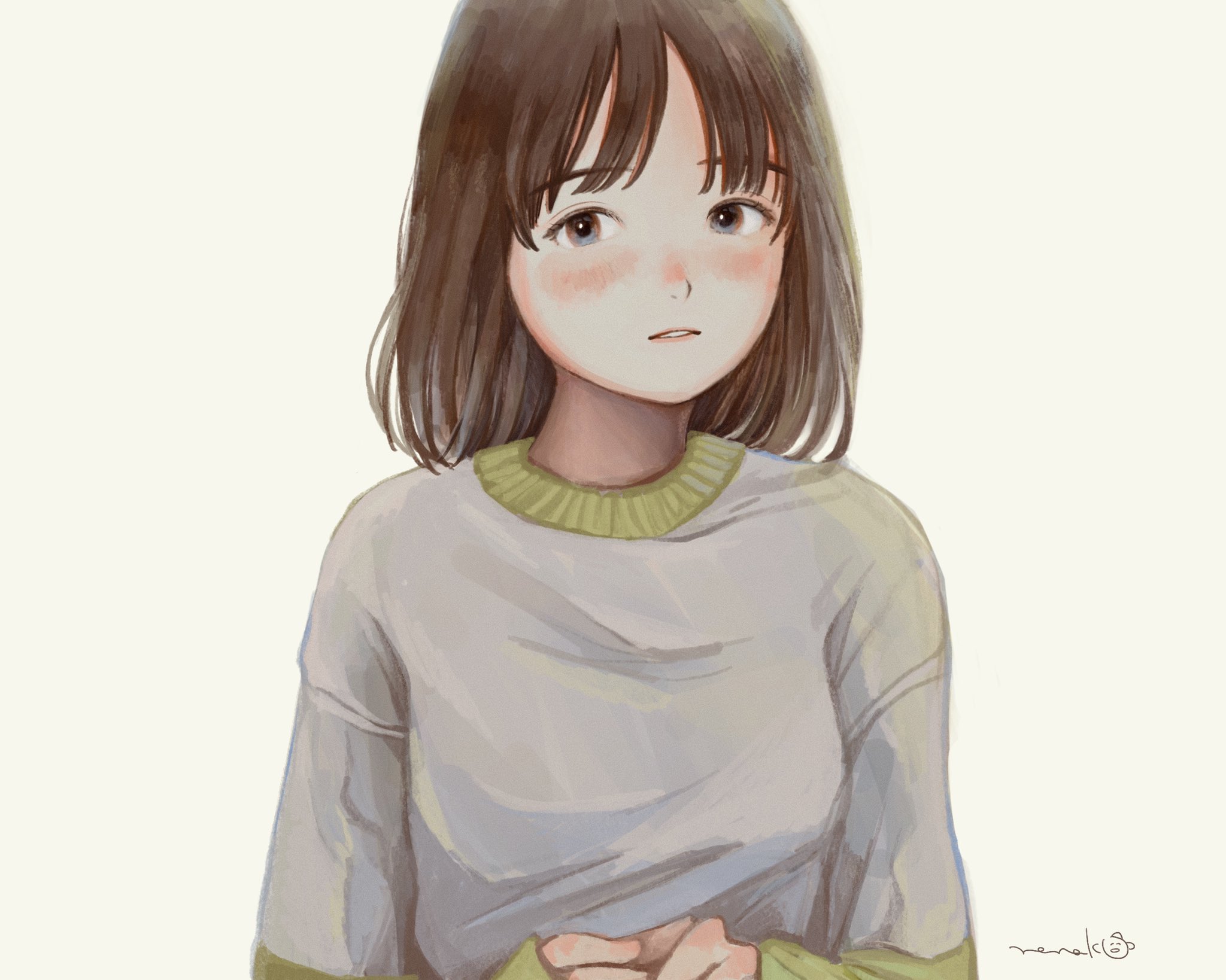 nena labo, original, highres, 1girl, averting eyes, blush, brown hair, grey eyes, grey sweater, long sleeves, looking at viewer, medium hair, parted bangs, parted lips, signature, simple background, solo, sweater, upper body, white background