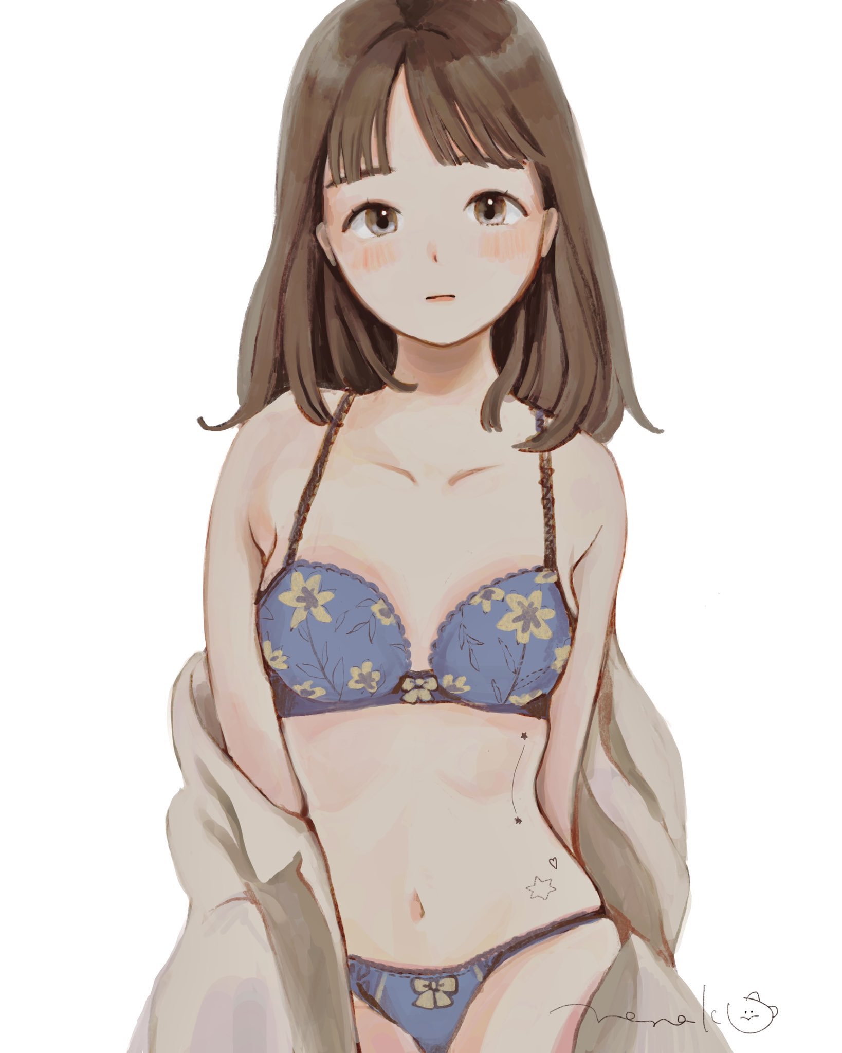 nena labo, original, commentary request, highres, 1girl, blue bra, blue panties, bow, bow bra, bow panties, bra, brown eyes, brown hair, closed mouth, cowboy shot, expressionless, floral print bra, long hair, looking at viewer, navel, panties, print bra, signature, simple background, solo, standing, star (symbol), star tattoo, stomach, stomach tattoo, straight hair, tattoo, thighhighs, underwear, underwear only, white background