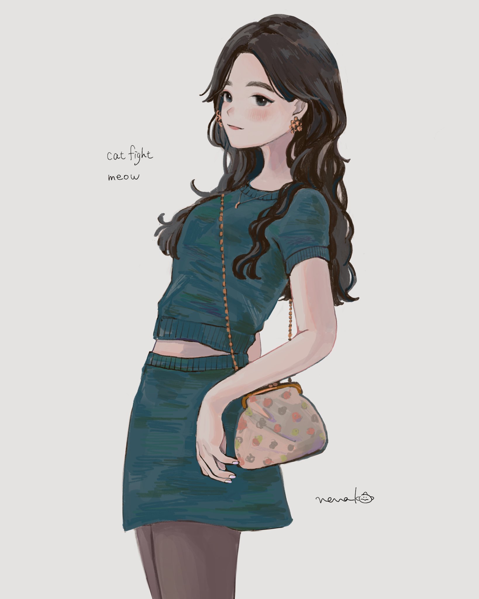 nena labo, character request, commentary request, copyright request, highres, 1girl, aqua shirt, aqua skirt, arm at side, bag, black eyes, black hair, closed mouth, cowboy shot, earrings, from side, handbag, jewelry, long hair, necklace, shirt, short sleeves, signature, simple background, skirt, solo, standing, wavy hair, white background