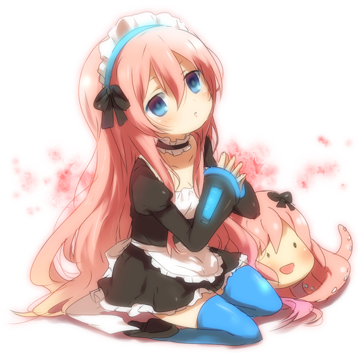 kl (dgzonbi), megurine luka, takoluka, vocaloid, aged down, alternate costume, apron, blue eyes, enmaided, hairband, long hair, maid, maid apron, pink hair, seiza, sitting, solo, thighhighs, zettai ryouiki