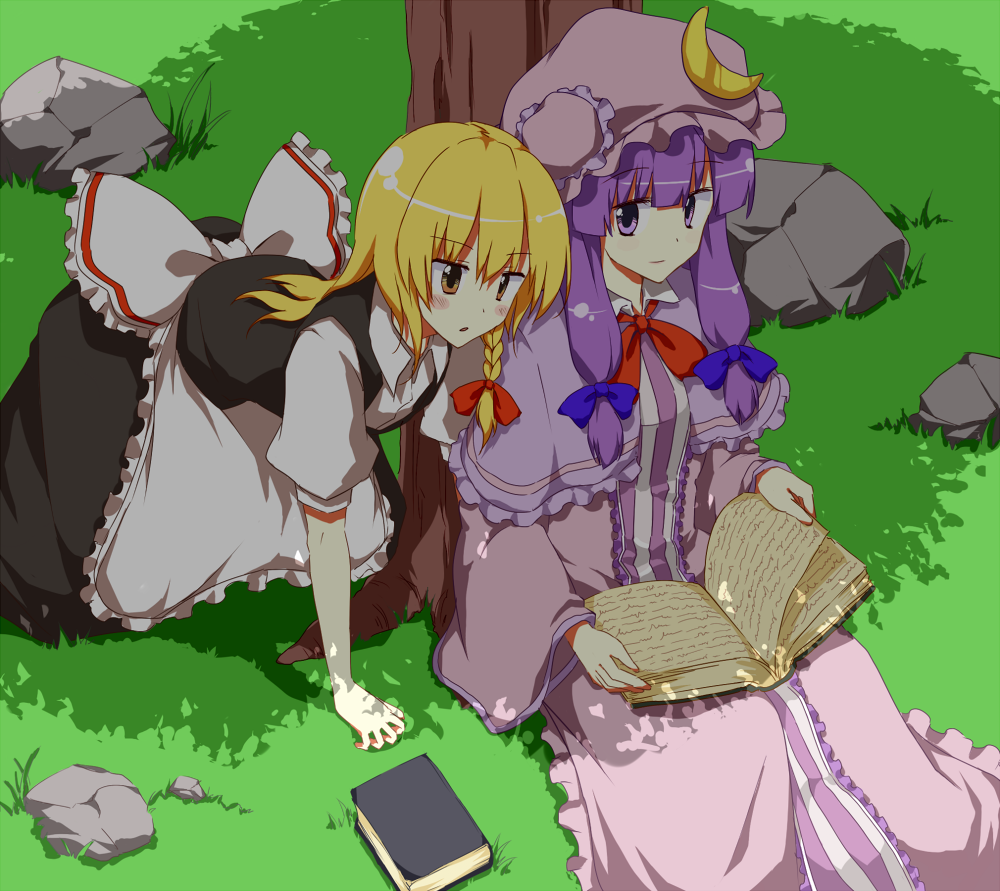 any (artist), any (lucky denver mint), kirisame marisa, patchouli knowledge, touhou, 2girls, against tree, all fours, apron, blonde hair, blue eyes, blush, book, bow, braid, capelet, female focus, grass, hair bow, hat, large bow, light smile, long hair, multiple girls, no headwear, open book, purple eyes, purple hair, reading, ribbon, shade, tree, unworn hat, unworn headwear, waist apron, yellow eyes