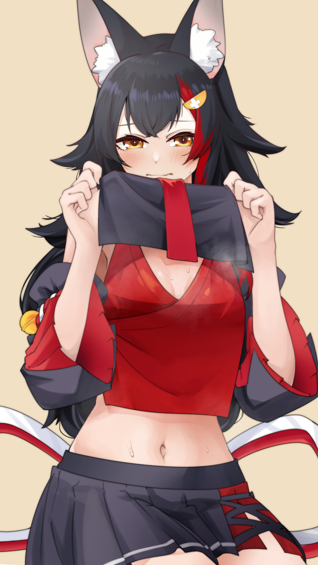 kurabi (neijitsu biyori), ookami mio, ookami mio (1st costume), hololive, commentary, highres, symbol-only commentary, 1girl, animal ear fluff, animal ears, black hair, black skirt, blush, breasts, closed mouth, crop top, detached sleeves, embarrassed, hair ornament, hands up, lifting own clothes, long hair, looking at viewer, midriff, multicolored hair, navel, red hair, simple background, skirt, small breasts, solo, streaked hair, sweat, upper body, virtual youtuber, wolf ears, wolf girl, yellow background, yellow eyes