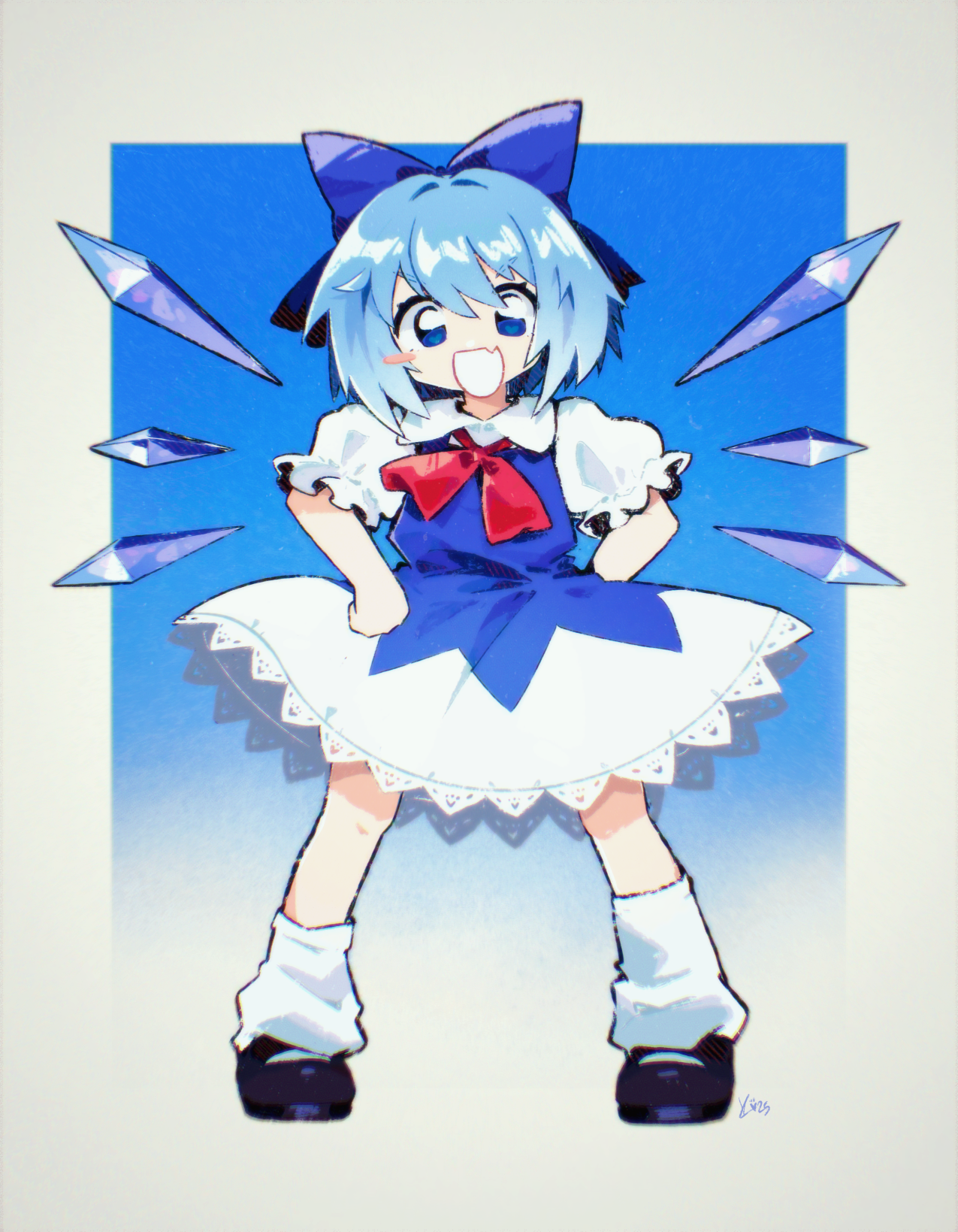 kitchupsandwich, cirno, touhou, highres, 1girl, blue bow, blue dress, blue eyes, blue hair, blush, bow, deformed, dress, faux retro artstyle, hands on own hips, ice, ice wings, lace, lace-trimmed dress, lace trim, leg warmers, legs apart, mary janes, open mouth, puffy short sleeves, puffy sleeves, red bow, shoes, short hair, short sleeves, simple background, single tooth, smile, solo, two-tone dress, white leg warmers, wings