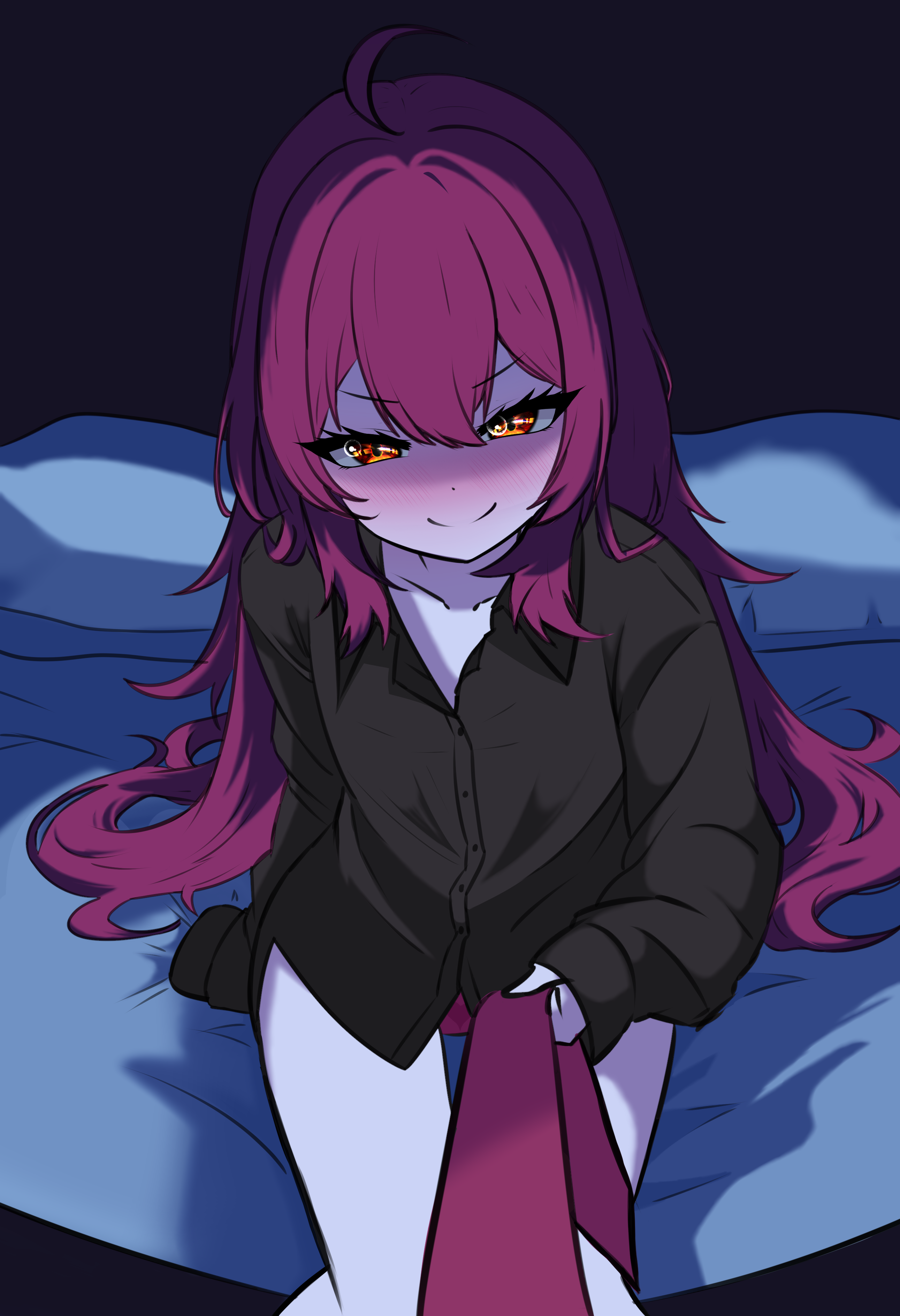 cuteandfunny, electroid, original, absurdres, highres, 1girl, bedroom, black shirt, blush, long hair, mesugaki, necktie, no bra, oversized clothes, panties, pulling another's clothes, red eyes, red hair, red panties, shirt, smug, underwear
