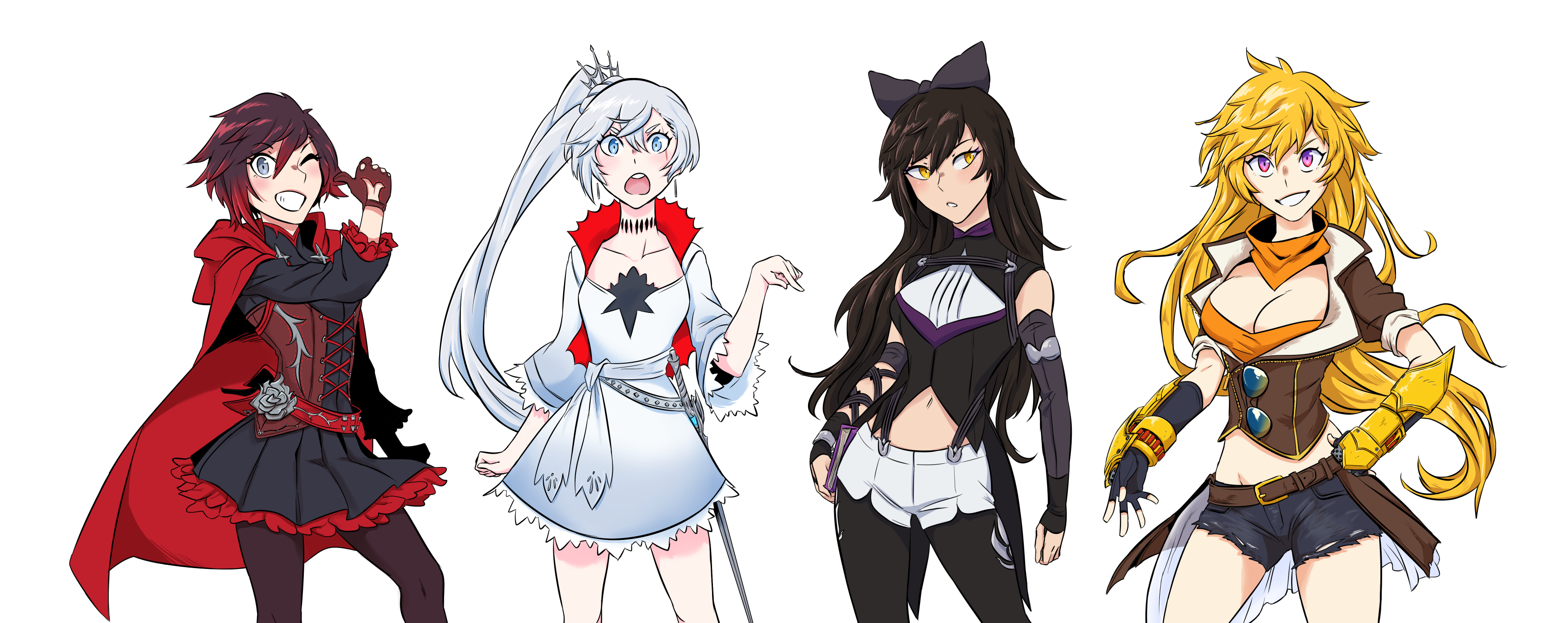 sytokun, blake belladonna, ruby rose, weiss schnee, yang xiao long, rwby, absurdres, commentary, highres, 4girls, aqua eyes, bandana, bandana around neck, belt, black bow, black dress, black gloves, black hair, black pantyhose, black shirt, black shorts, blonde hair, bow, breasts, brown belt, brown jacket, cape, cleavage, collarbone, colored tips, corset, cowboy shot, detached sleeves, dress, elbow gloves, ember celica (rwby), eyelashes, fingerless gloves, frilled dress, frills, gauntlets, gloves, grey eyes, grin, hair between eyes, hair bow, hood, hood down, hooded cape, jacket, long hair, long sleeves, midriff, multicolored hair, multiple girls, myrtenaster, navel, one eye closed, open mouth, orange bandana, pantyhose, pointing, pointing at self, ponytail, purple eyes, rapier, red belt, red cape, red gloves, red hair, scar, scar across eye, scar on face, shirt, short hair, shorts, simple background, smile, sword, teeth, torn clothes, torn shorts, upper teeth only, weapon, white background, white dress, white hair, white shorts, yellow eyes