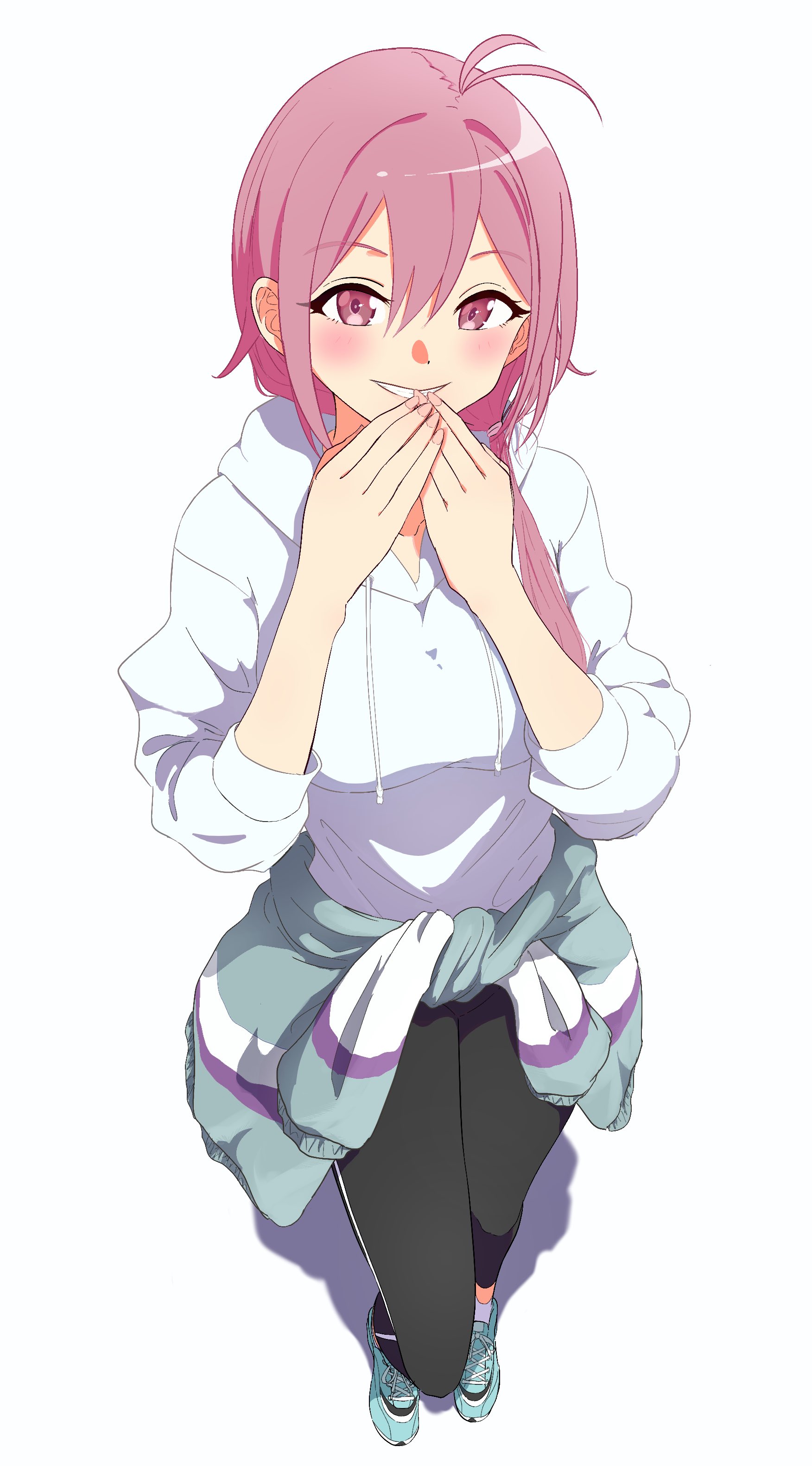 setsuna bluem34, shine post, absurdres, commentary request, highres, 1girl, antenna hair, aqua shoes, black pants, clenched teeth, clothes around waist, from above, hair between eyes, hand to own mouth, hood, hoodie, izumino koyume, jacket, jacket around waist, low side ponytail, pants, pink eyes, pink hair, shoes, socks, solo, teeth, white background, white hoodie, white socks