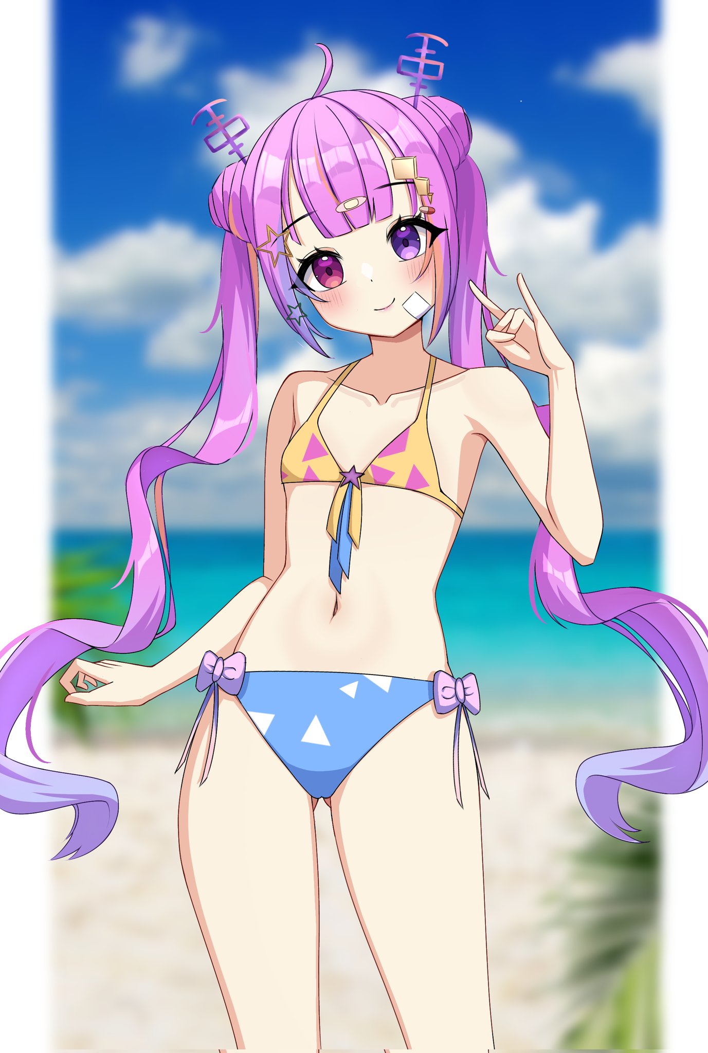 saruneo, riro ron, chromashift, commentary, commission, english commentary, highres, 1girl, n/, ahoge, antennae, bandage on cheek, bandaid, bandaid hair ornament, beach, bikini, blue sky, blunt bangs, blurry, blurry background, blush, bow, closed mouth, cloud, collarbone, colored tips, cowboy shot, day, dot nose, eyelashes, hair ornament, heterochromia, long hair, multicolored hair, navel, orange hair, outdoors, pink eyes, pink hair, purple eyes, purple hair, sand, sidelocks, sky, smile, solo, star (symbol), star hair ornament, stomach, swimsuit, twintails, virtual youtuber, water