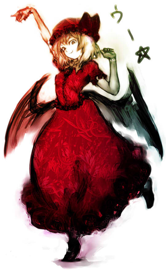 cong1991, remilia scarlet, touhou, bad id, bad pixiv id, 1girl, bat wings, female focus, full body, hat, mob cap, short hair, solo, standing, vampire, white background, wings