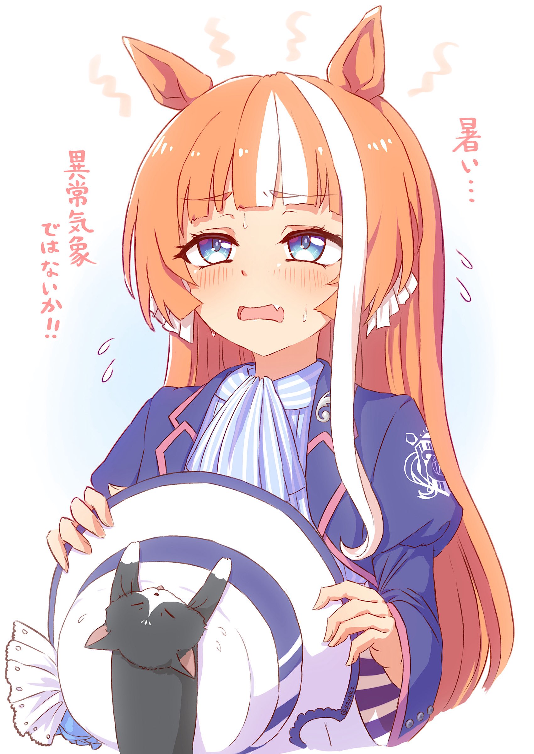 szykkz, akikawa yayoi (umamusume), umamusume, absurdres, highres, akikawa yayoi's cat, animal ears, blue eyes, blue flower, blue rose, bowler hat, brown hair, cat, flower, hat, hat flower, holding, horse ears, horse girl, long hair, long sleeves, multicolored hair, open mouth, orange hair, rose, split ponytail, streaked hair, sun hat, white hair